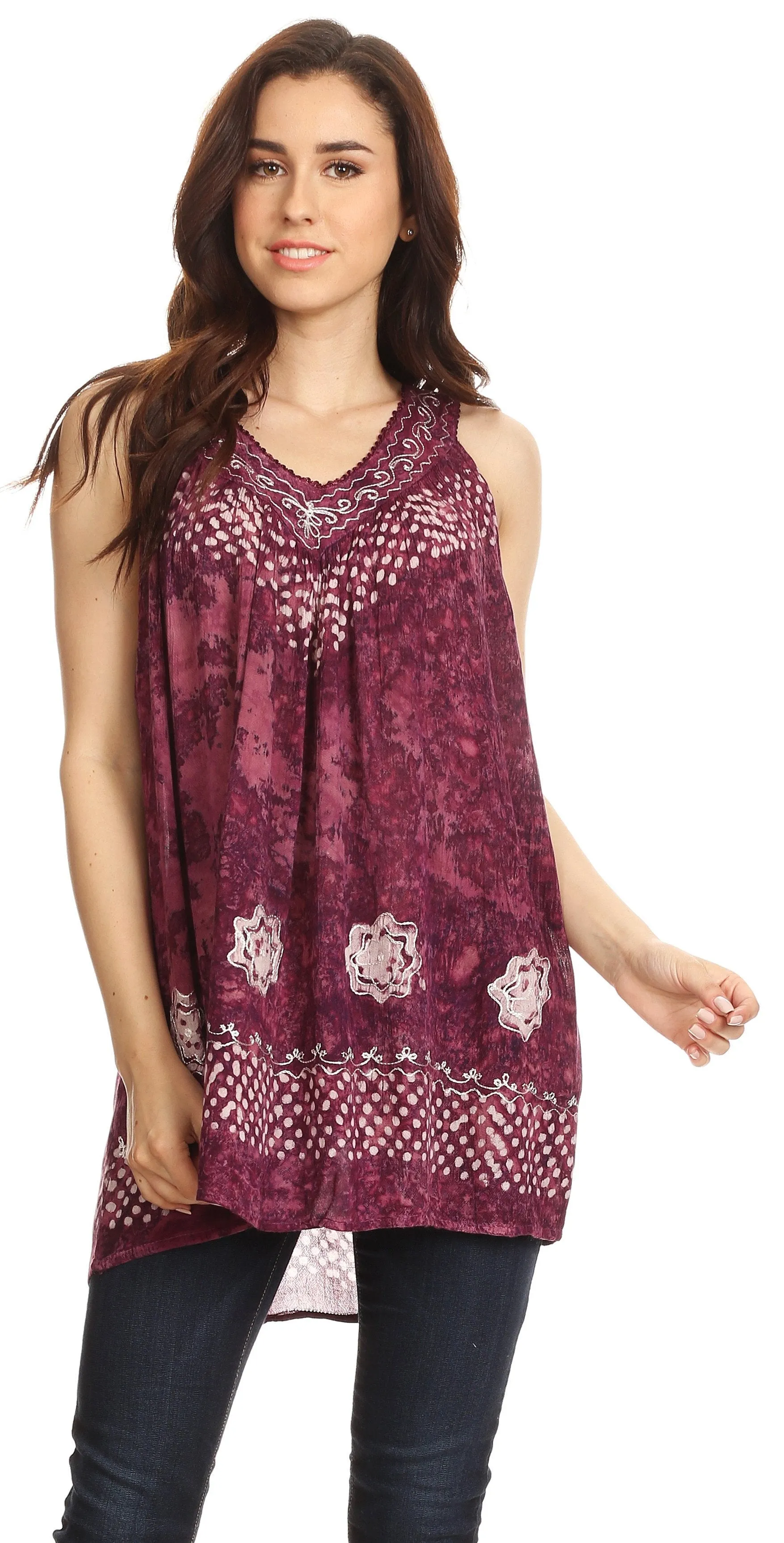 Sakkas Deja Embroidered Batik Scoop Neck Relaxed Fit Sleeveless Blouse