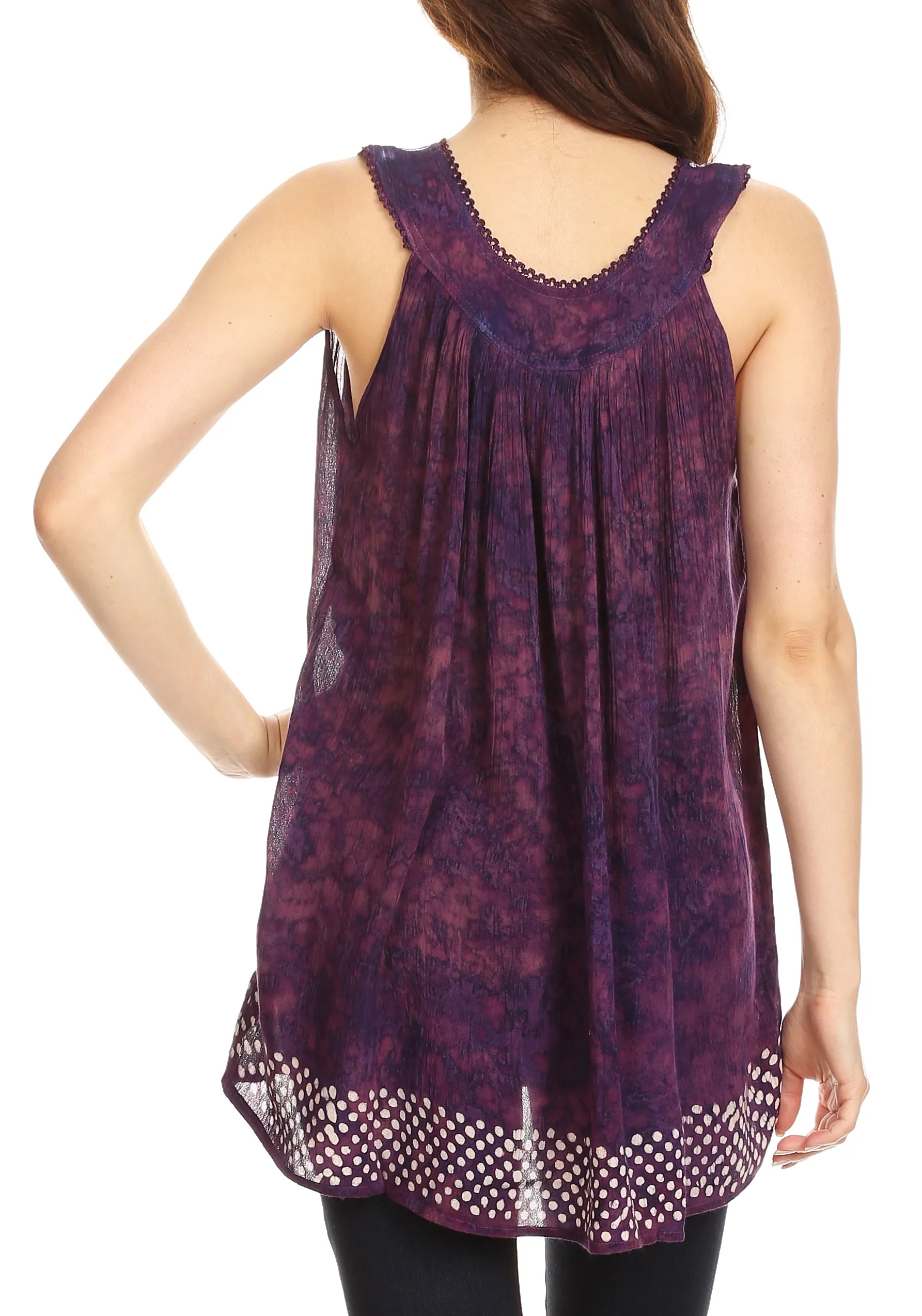 Sakkas Deja Embroidered Batik Scoop Neck Relaxed Fit Sleeveless Blouse