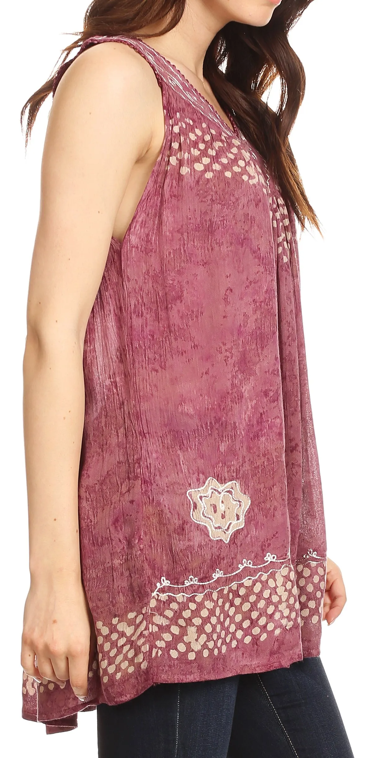 Sakkas Deja Embroidered Batik Scoop Neck Relaxed Fit Sleeveless Blouse