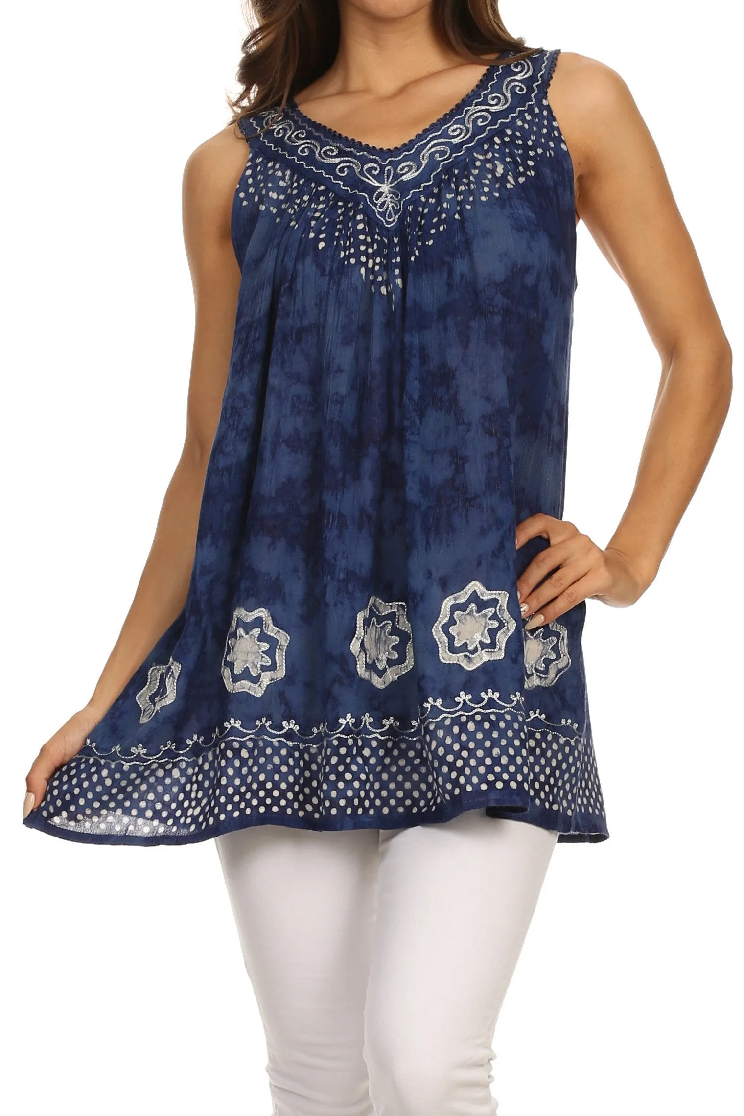 Sakkas Deja Embroidered Batik Scoop Neck Relaxed Fit Sleeveless Blouse