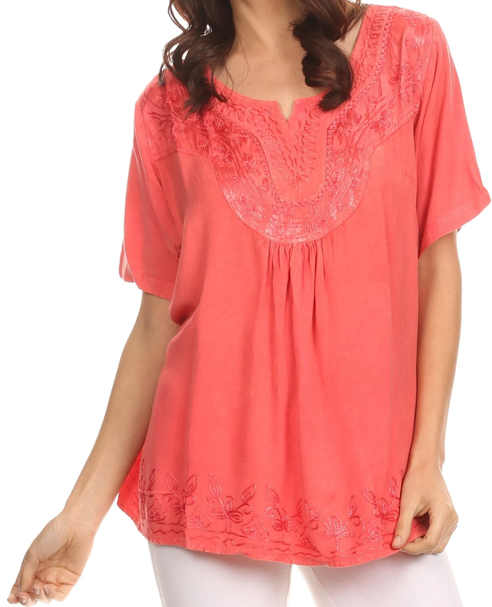 Sakkas Isabeli Leaf Embroidered Blouse Top Shirt With Cap Sleeves And Wide Neck