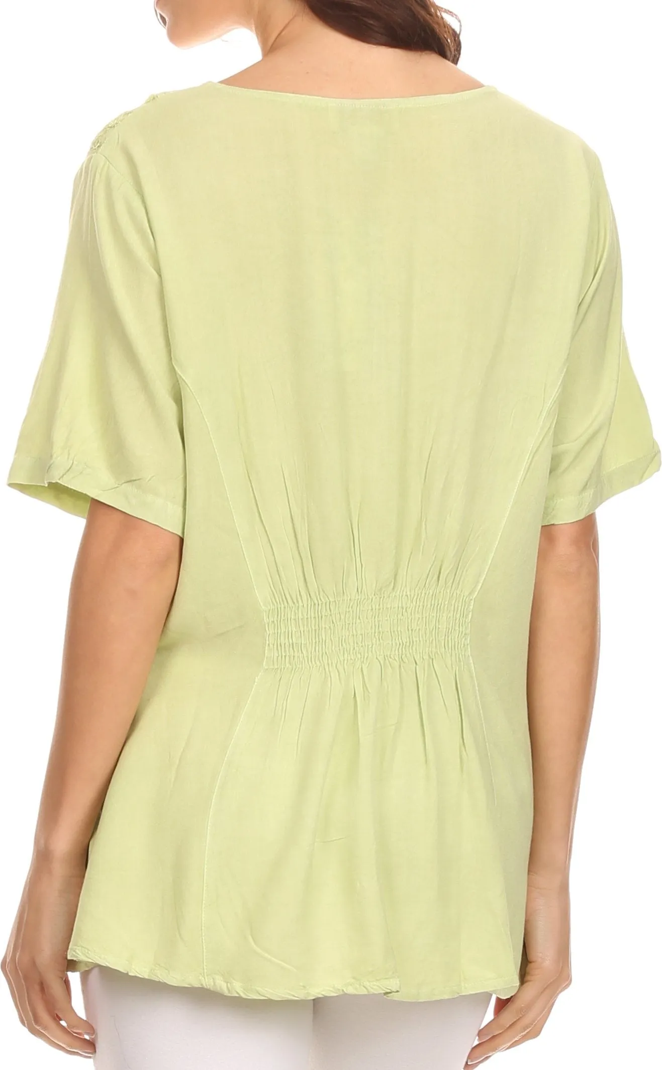 Sakkas Isabeli Leaf Embroidered Blouse Top Shirt With Cap Sleeves And Wide Neck