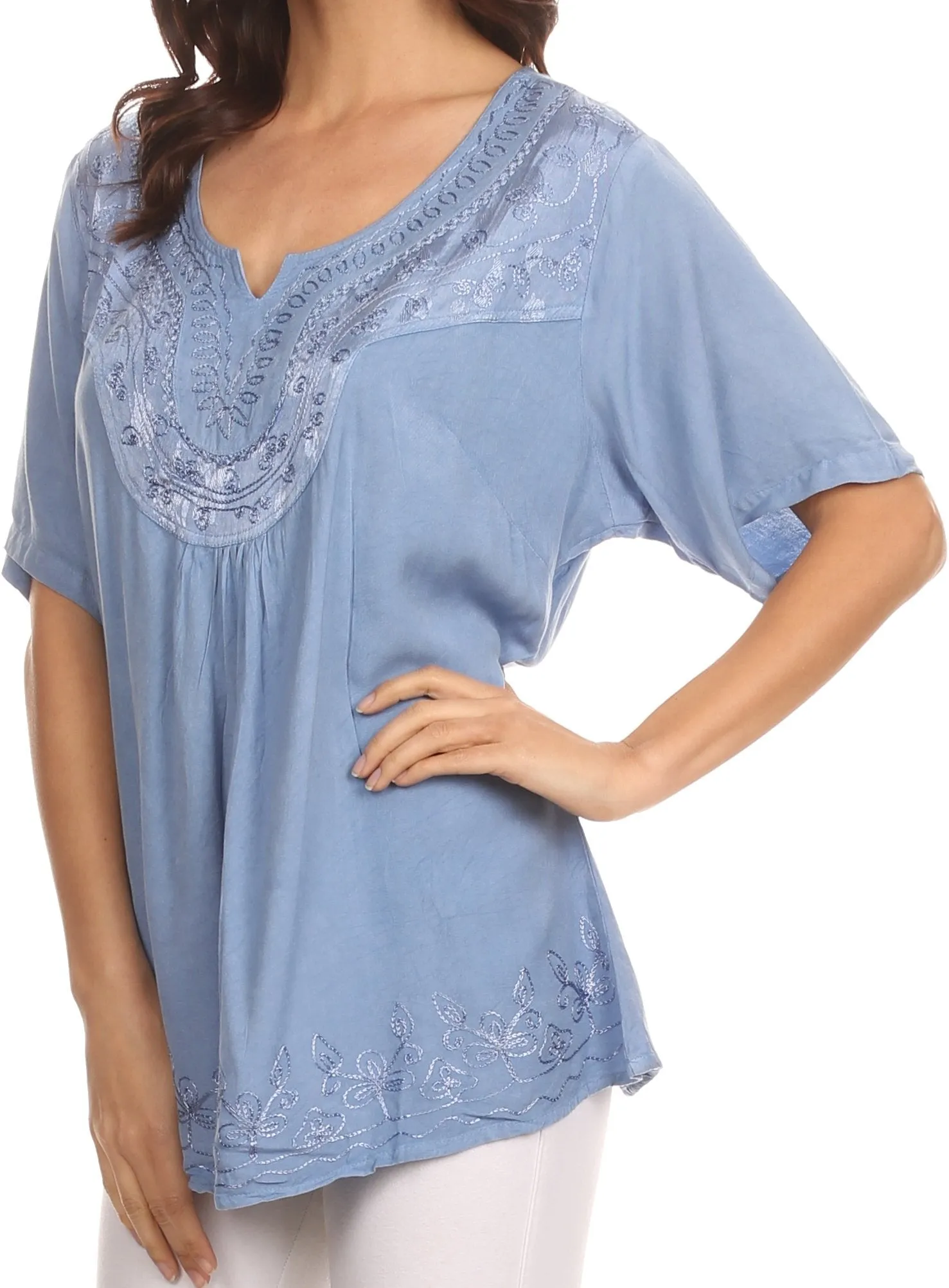 Sakkas Isabeli Leaf Embroidered Blouse Top Shirt With Cap Sleeves And Wide Neck