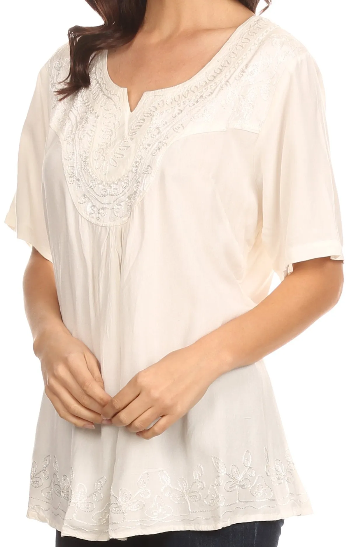 Sakkas Isabeli Leaf Embroidered Blouse Top Shirt With Cap Sleeves And Wide Neck