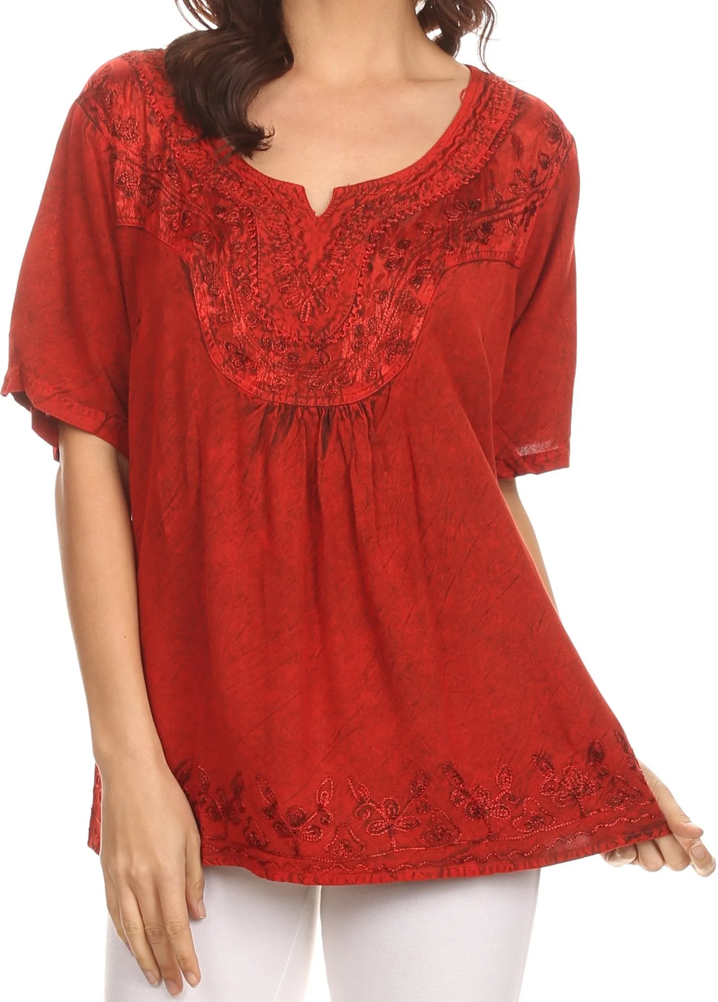 Sakkas Isabeli Leaf Embroidered Blouse Top Shirt With Cap Sleeves And Wide Neck