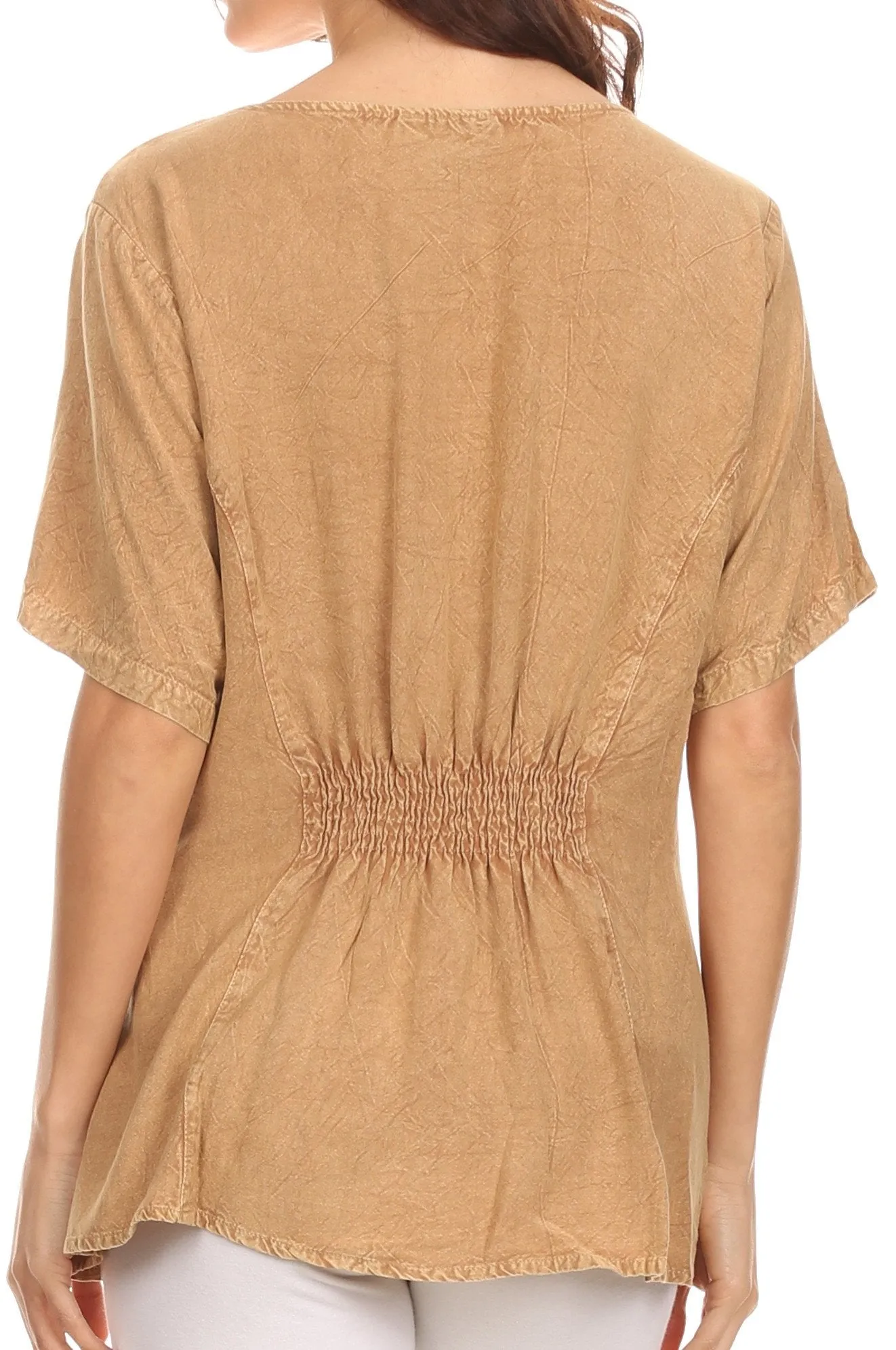 Sakkas Isabeli Leaf Embroidered Blouse Top Shirt With Cap Sleeves And Wide Neck