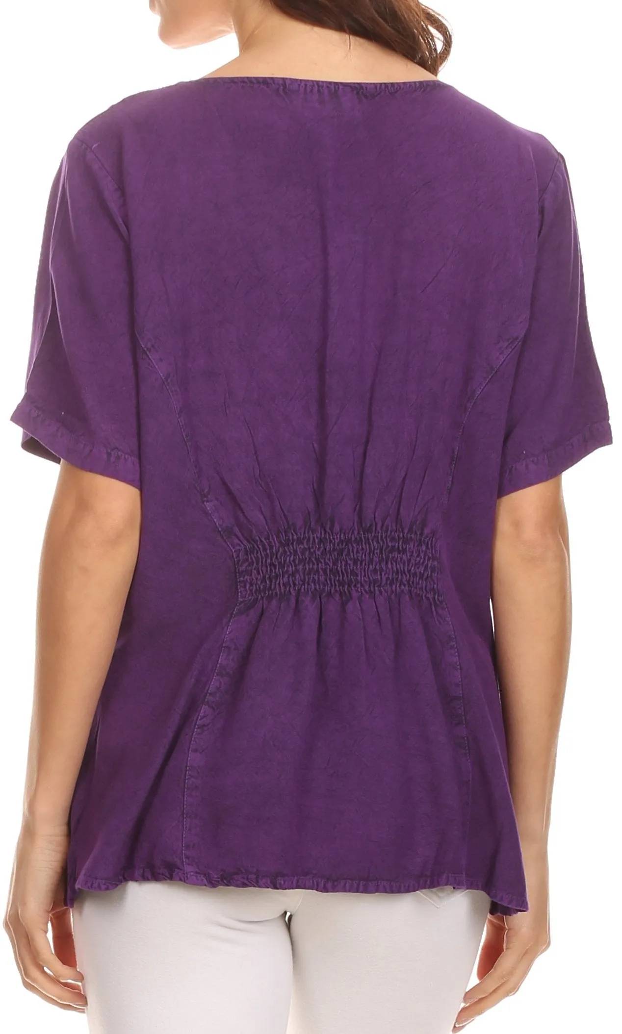 Sakkas Isabeli Leaf Embroidered Blouse Top Shirt With Cap Sleeves And Wide Neck