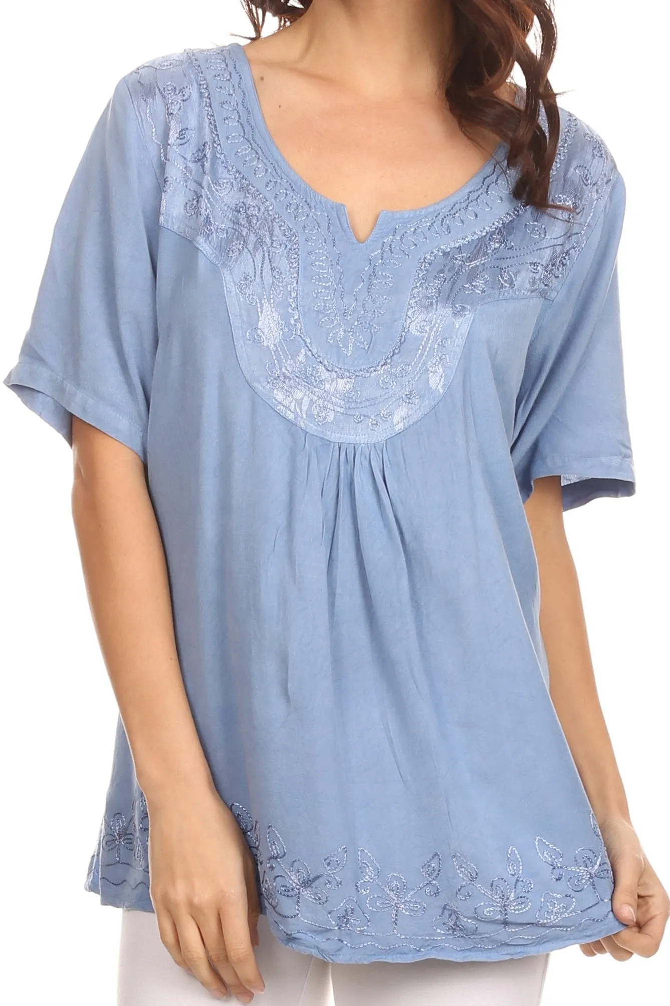 Sakkas Isabeli Leaf Embroidered Blouse Top Shirt With Cap Sleeves And Wide Neck