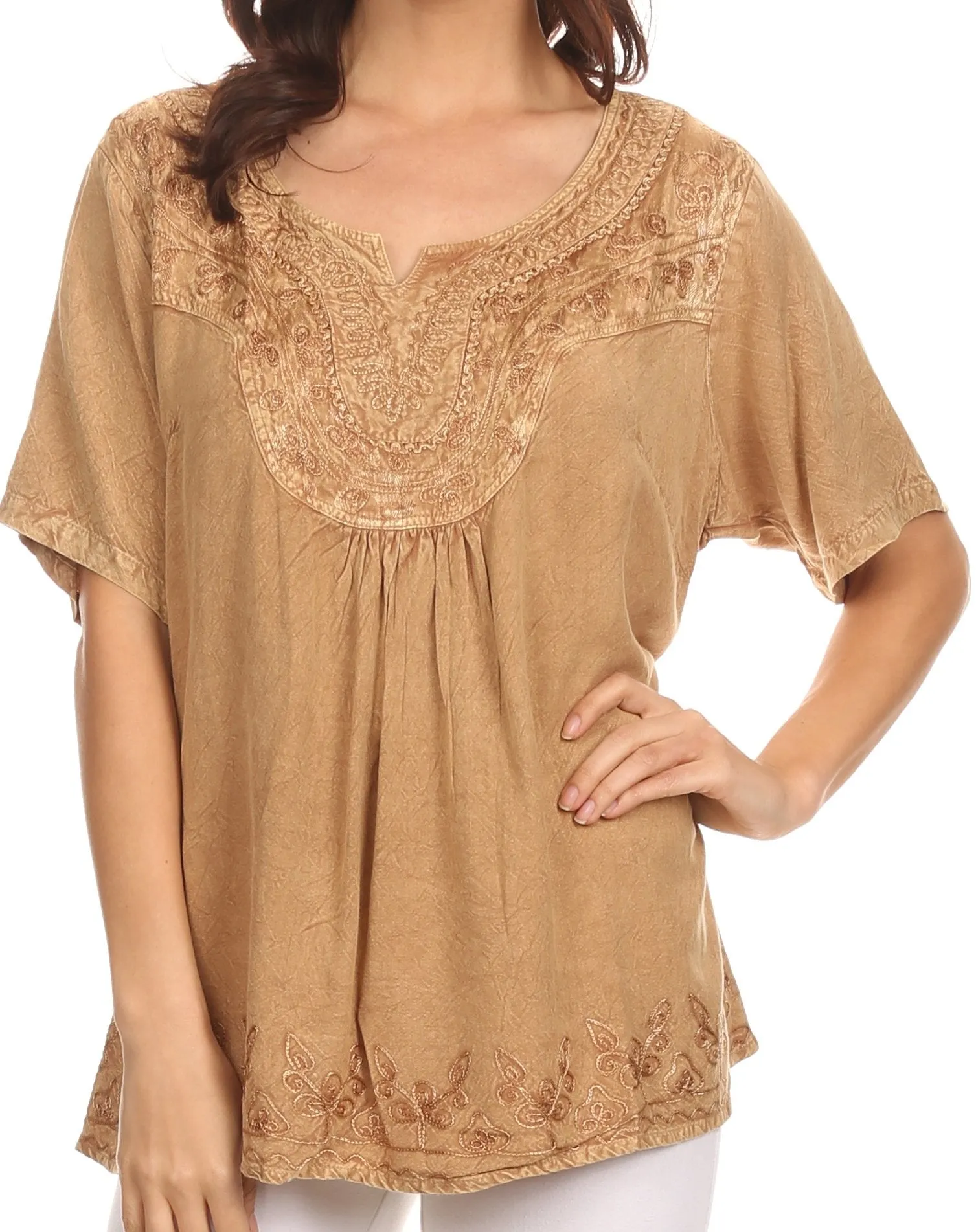 Sakkas Isabeli Leaf Embroidered Blouse Top Shirt With Cap Sleeves And Wide Neck