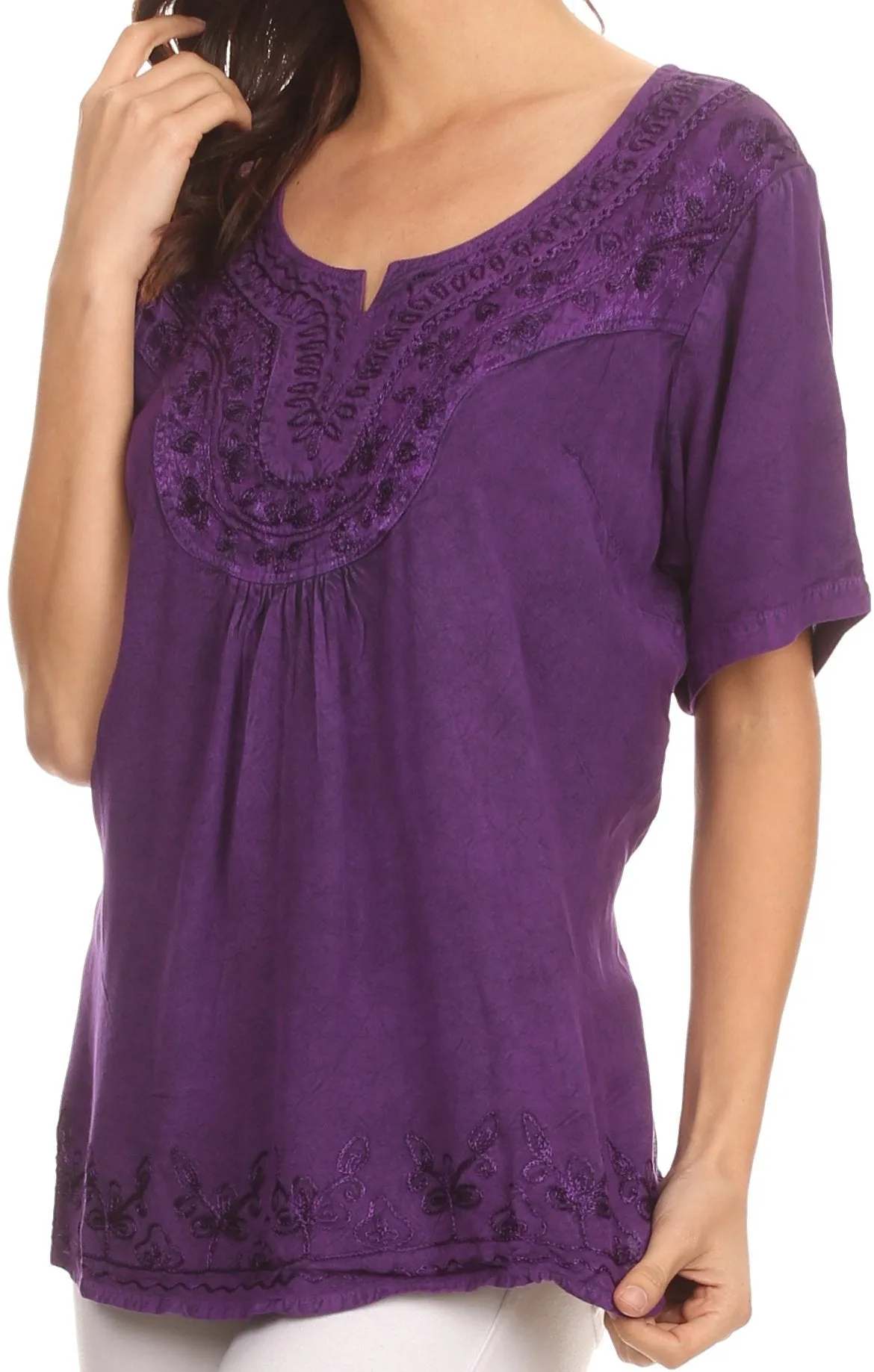 Sakkas Isabeli Leaf Embroidered Blouse Top Shirt With Cap Sleeves And Wide Neck