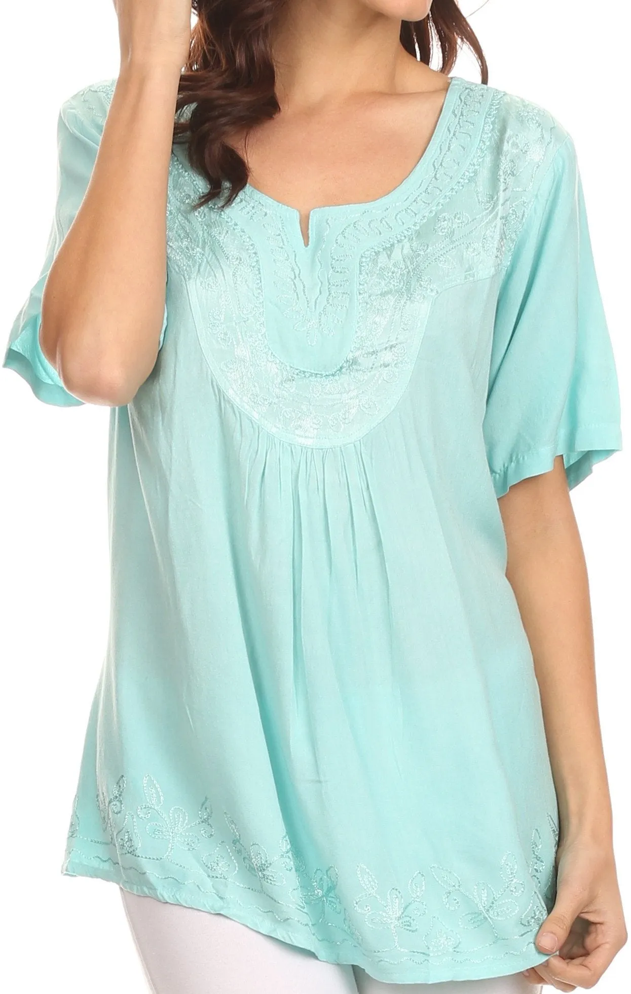 Sakkas Isabeli Leaf Embroidered Blouse Top Shirt With Cap Sleeves And Wide Neck