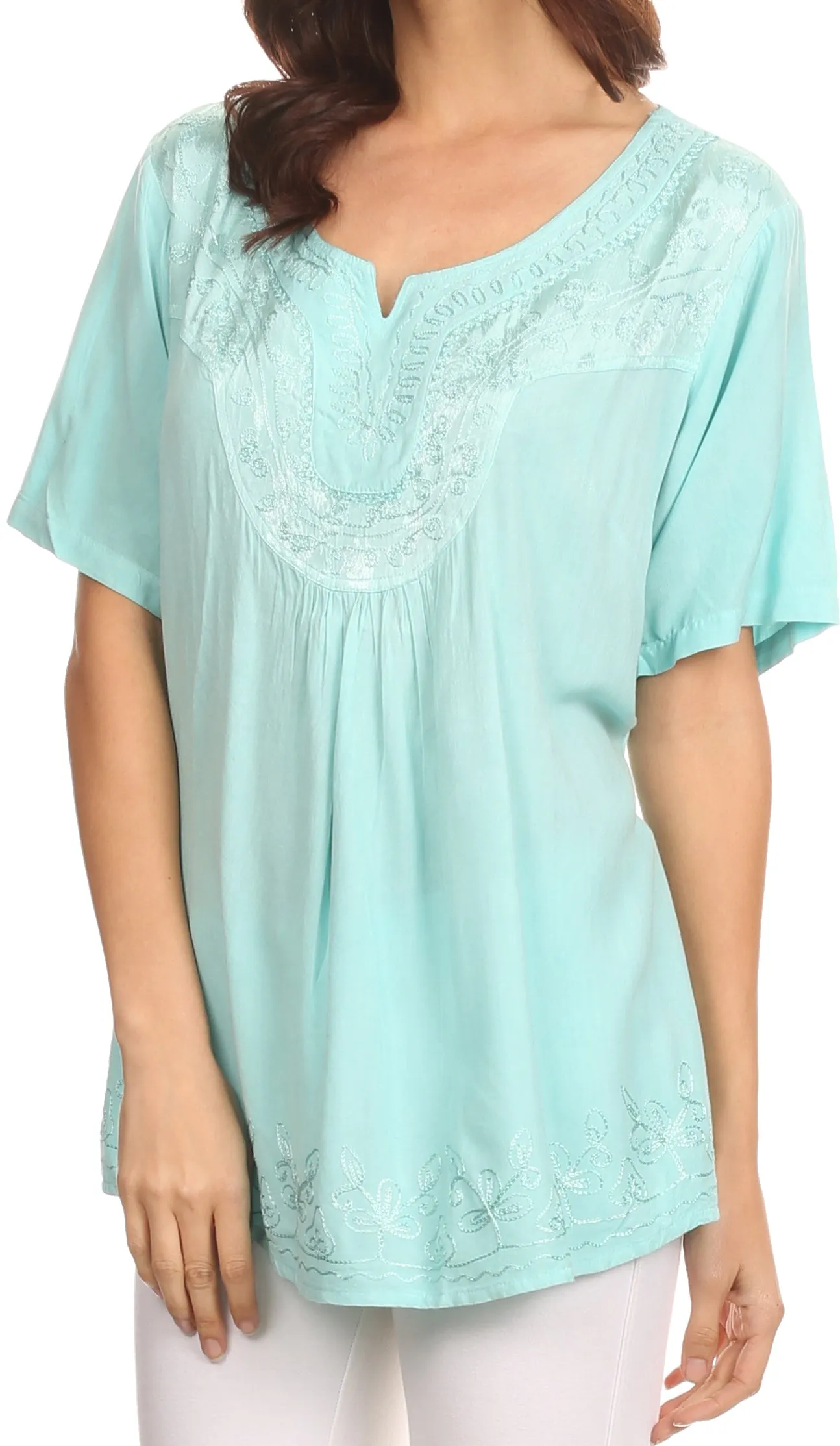 Sakkas Isabeli Leaf Embroidered Blouse Top Shirt With Cap Sleeves And Wide Neck