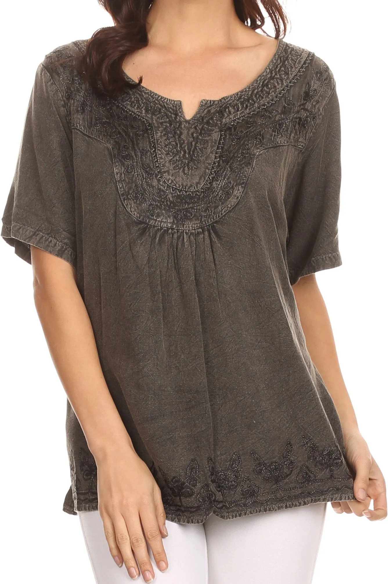 Sakkas Isabeli Leaf Embroidered Blouse Top Shirt With Cap Sleeves And Wide Neck