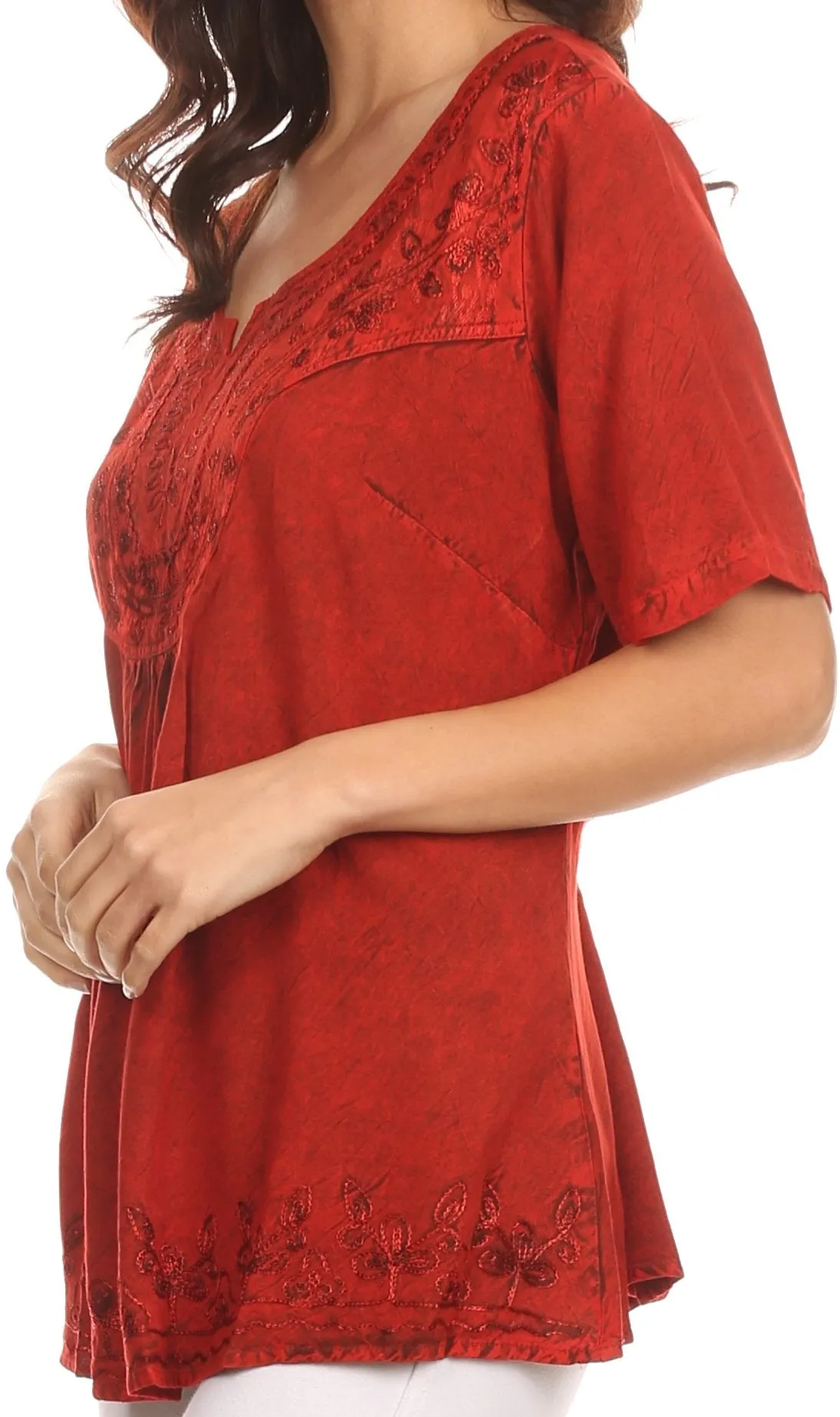 Sakkas Isabeli Leaf Embroidered Blouse Top Shirt With Cap Sleeves And Wide Neck