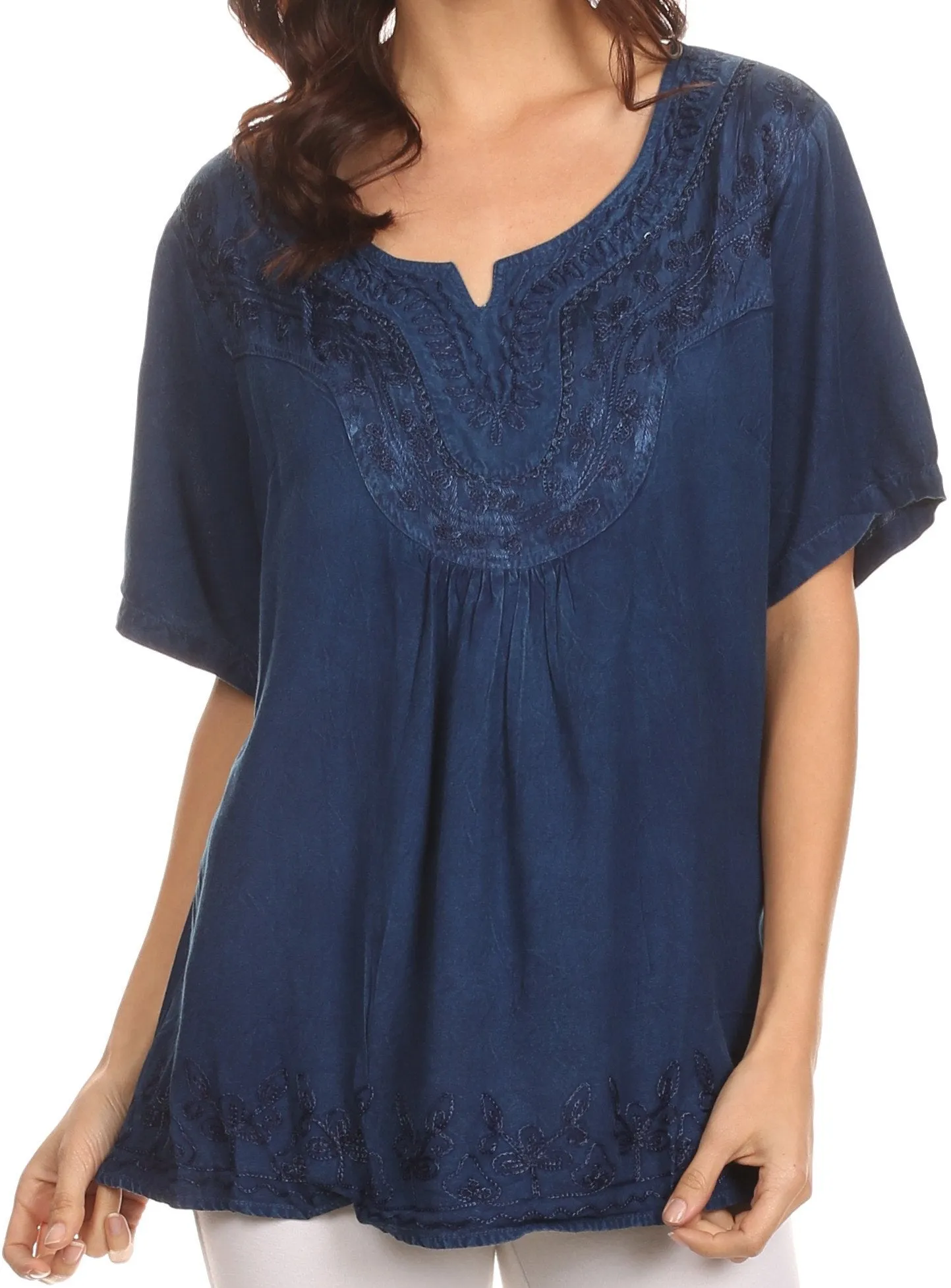 Sakkas Isabeli Leaf Embroidered Blouse Top Shirt With Cap Sleeves And Wide Neck