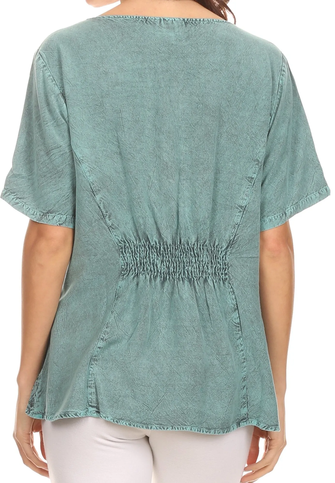 Sakkas Isabeli Leaf Embroidered Blouse Top Shirt With Cap Sleeves And Wide Neck