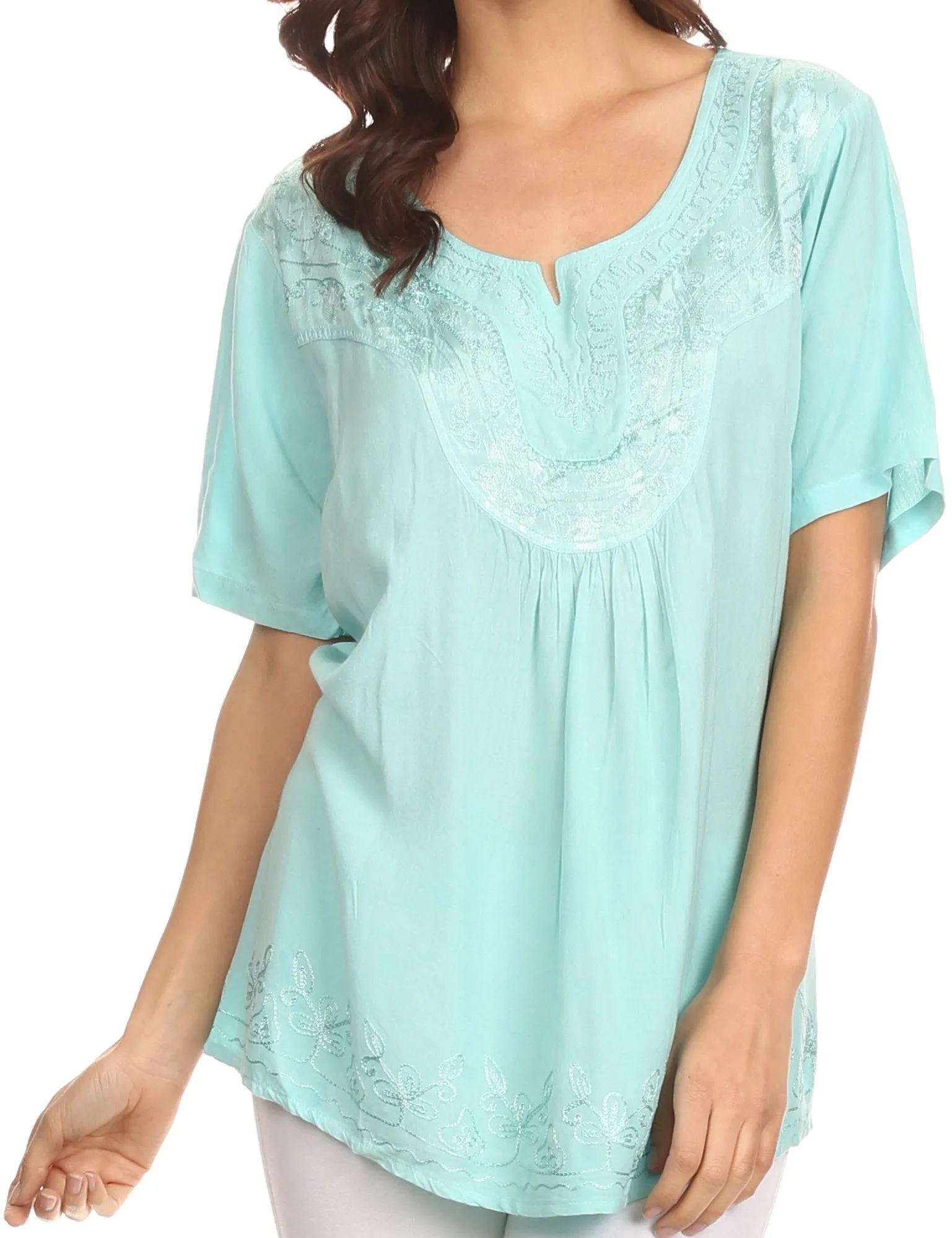 Sakkas Isabeli Leaf Embroidered Blouse Top Shirt With Cap Sleeves And Wide Neck