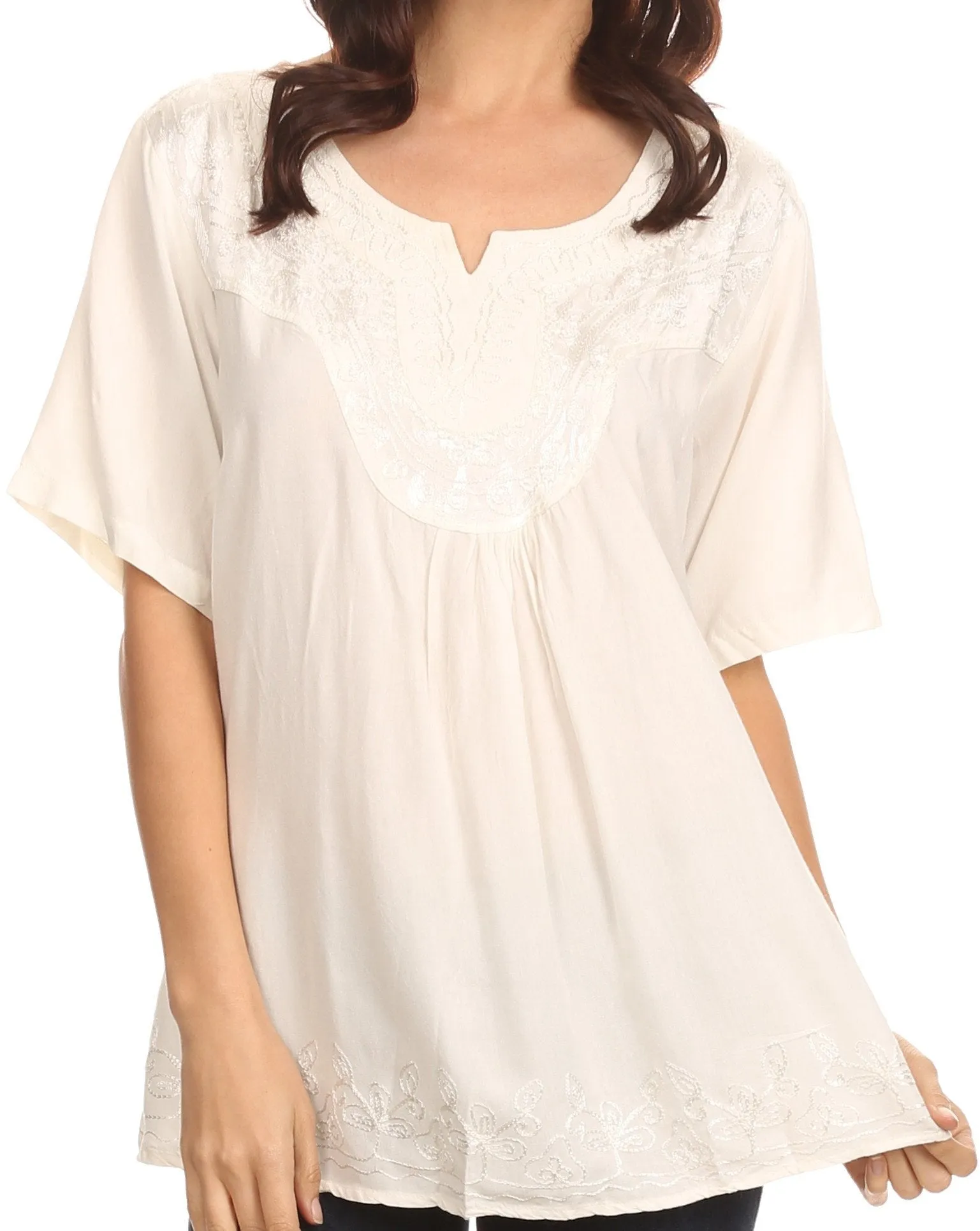 Sakkas Isabeli Leaf Embroidered Blouse Top Shirt With Cap Sleeves And Wide Neck