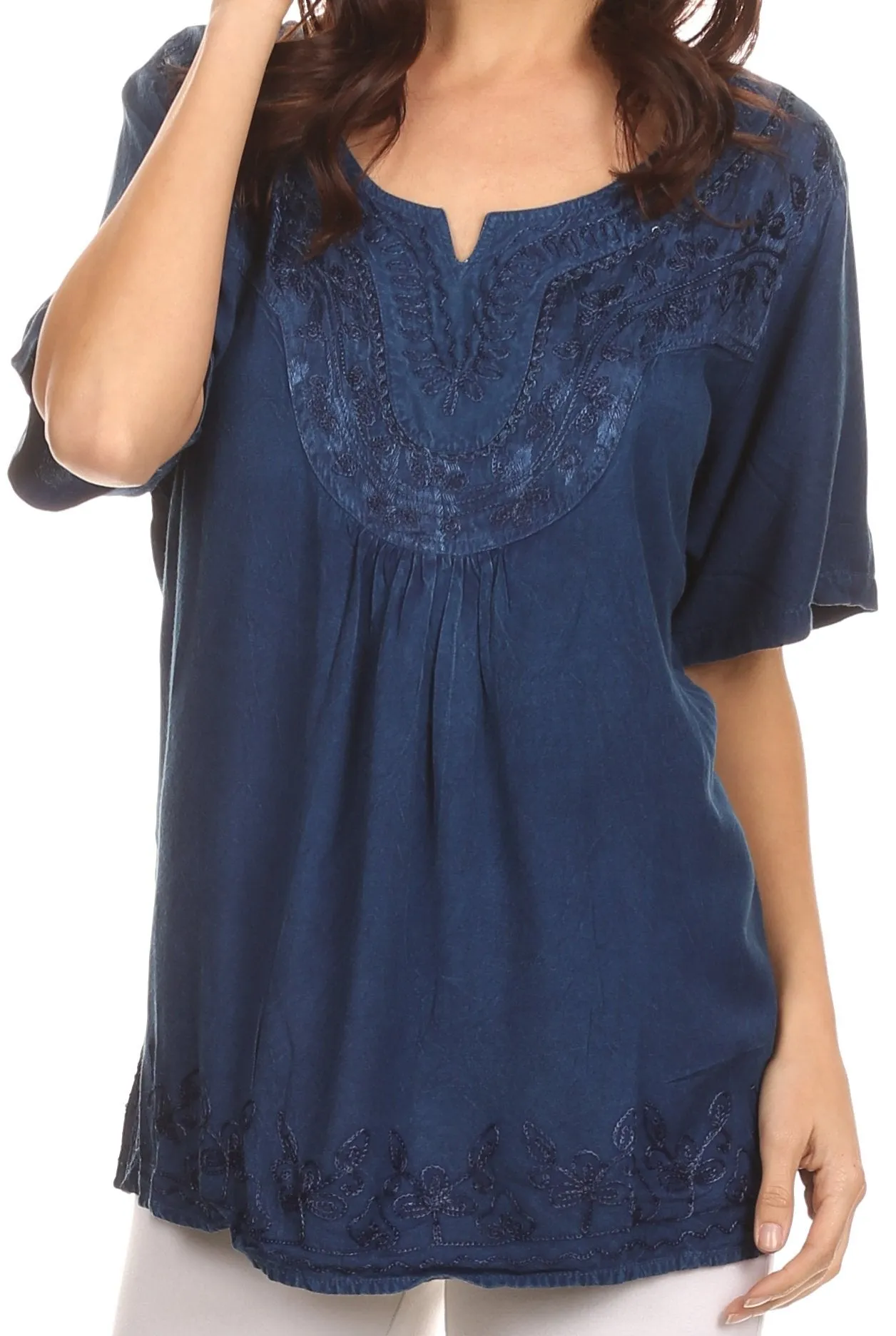 Sakkas Isabeli Leaf Embroidered Blouse Top Shirt With Cap Sleeves And Wide Neck