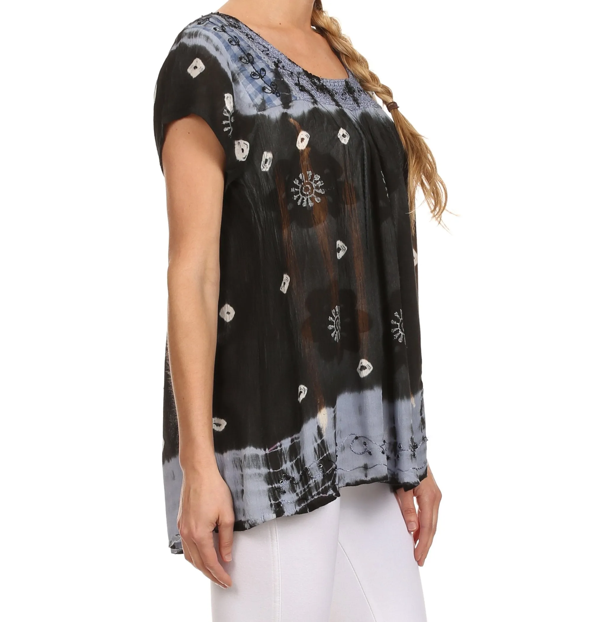 Sakkas Short Sleeve Tie Dye Gingham Peasant Top with Sequin Embroidery