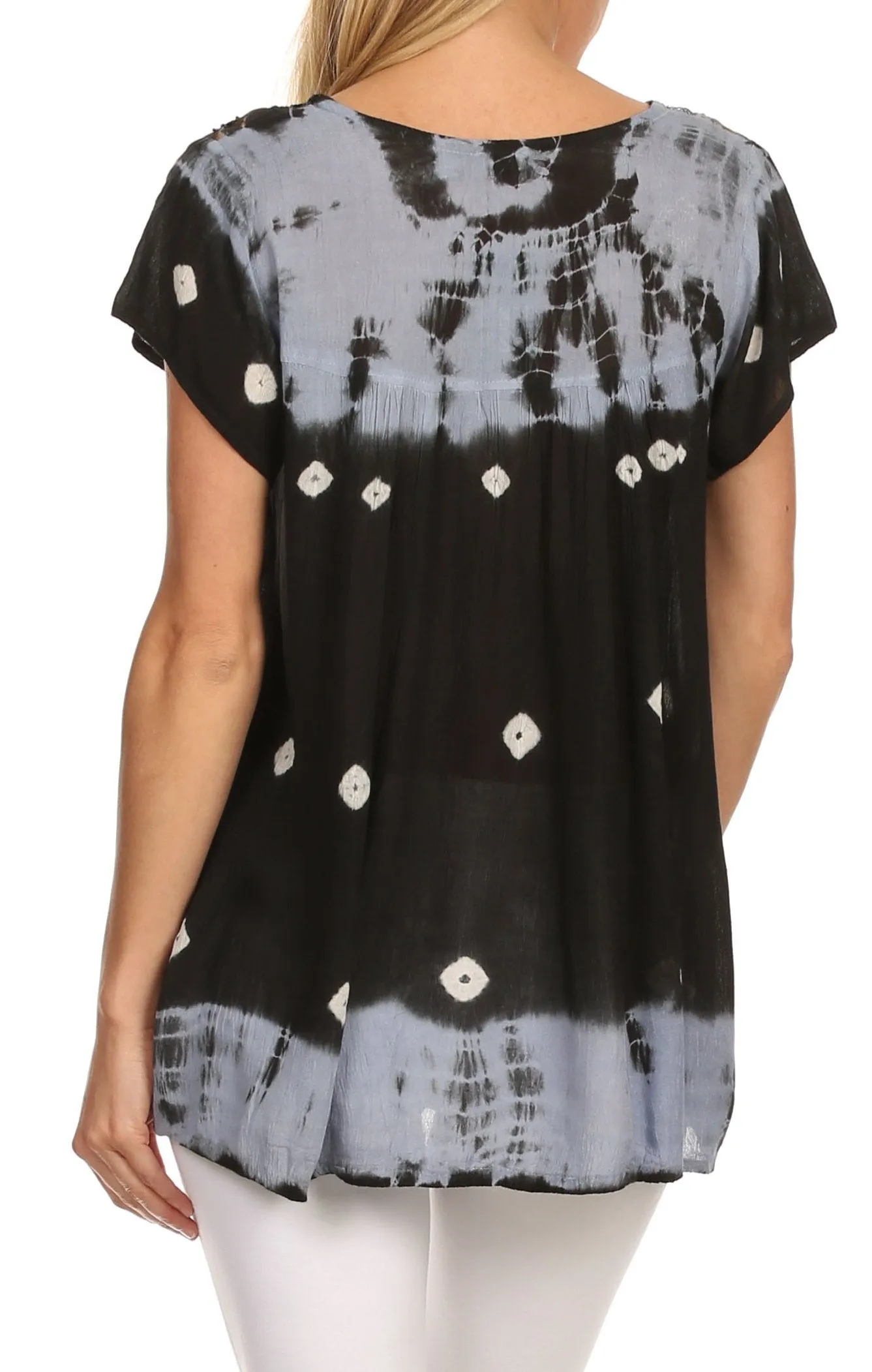 Sakkas Short Sleeve Tie Dye Gingham Peasant Top with Sequin Embroidery