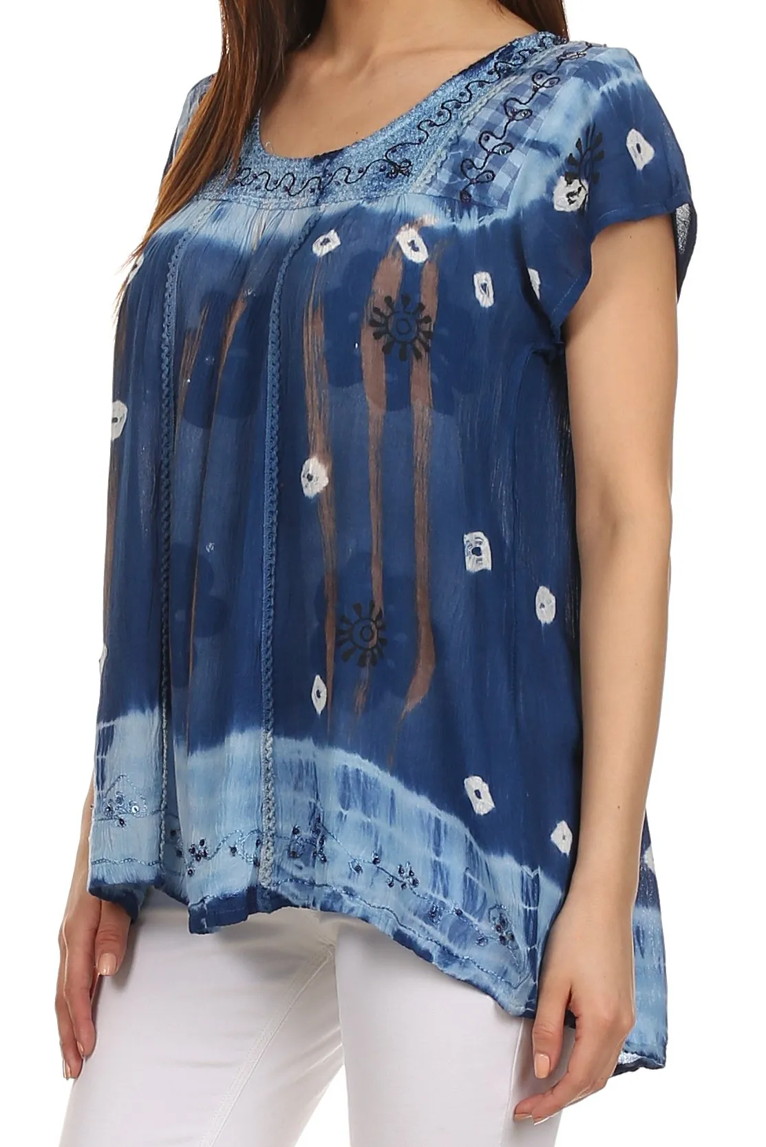 Sakkas Short Sleeve Tie Dye Gingham Peasant Top with Sequin Embroidery