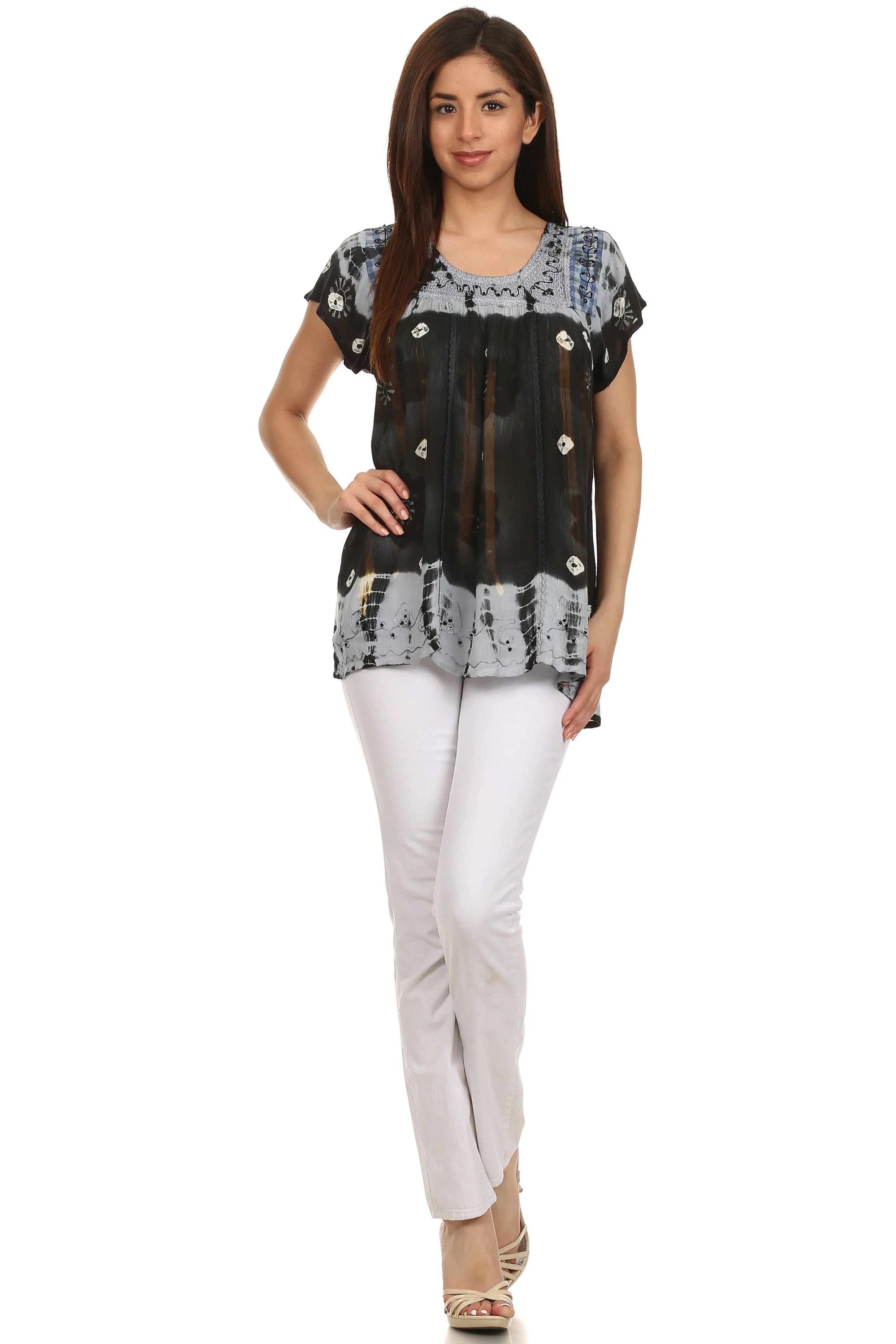 Sakkas Short Sleeve Tie Dye Gingham Peasant Top with Sequin Embroidery