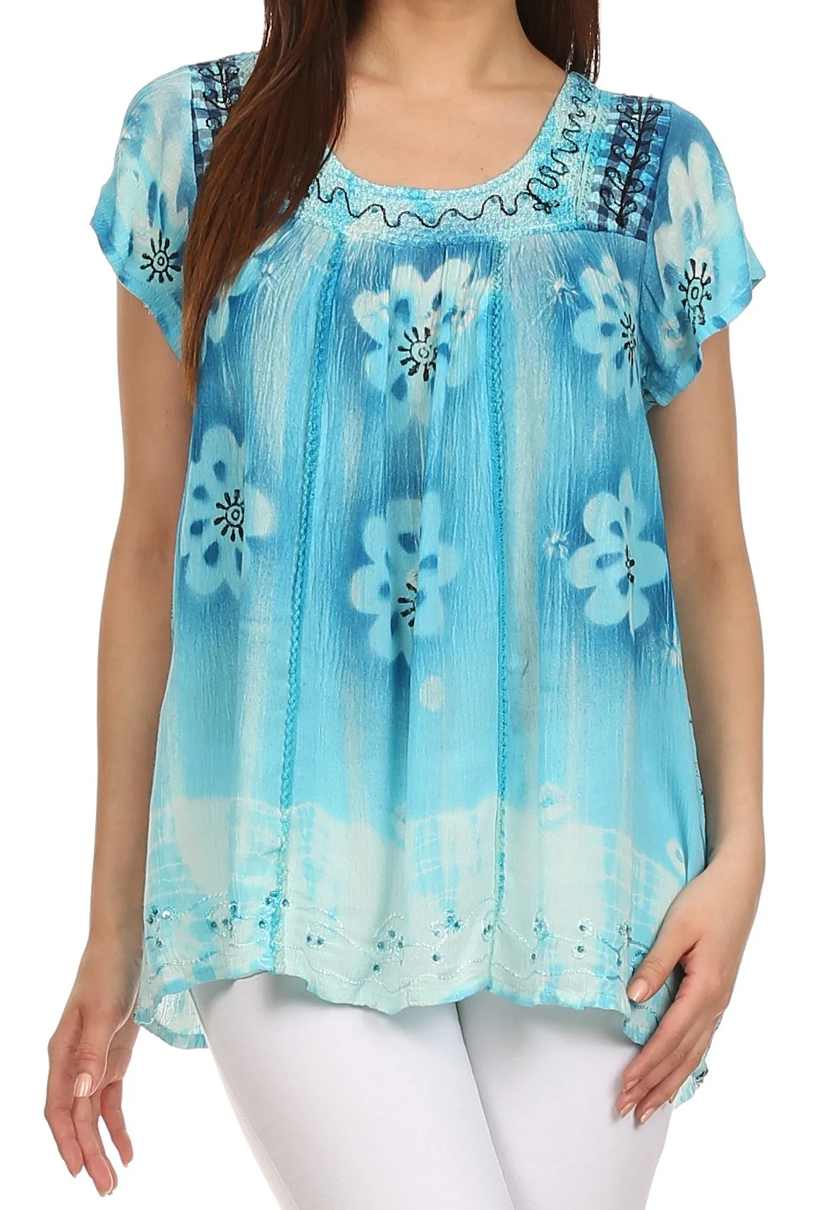 Sakkas Short Sleeve Tie Dye Gingham Peasant Top with Sequin Embroidery