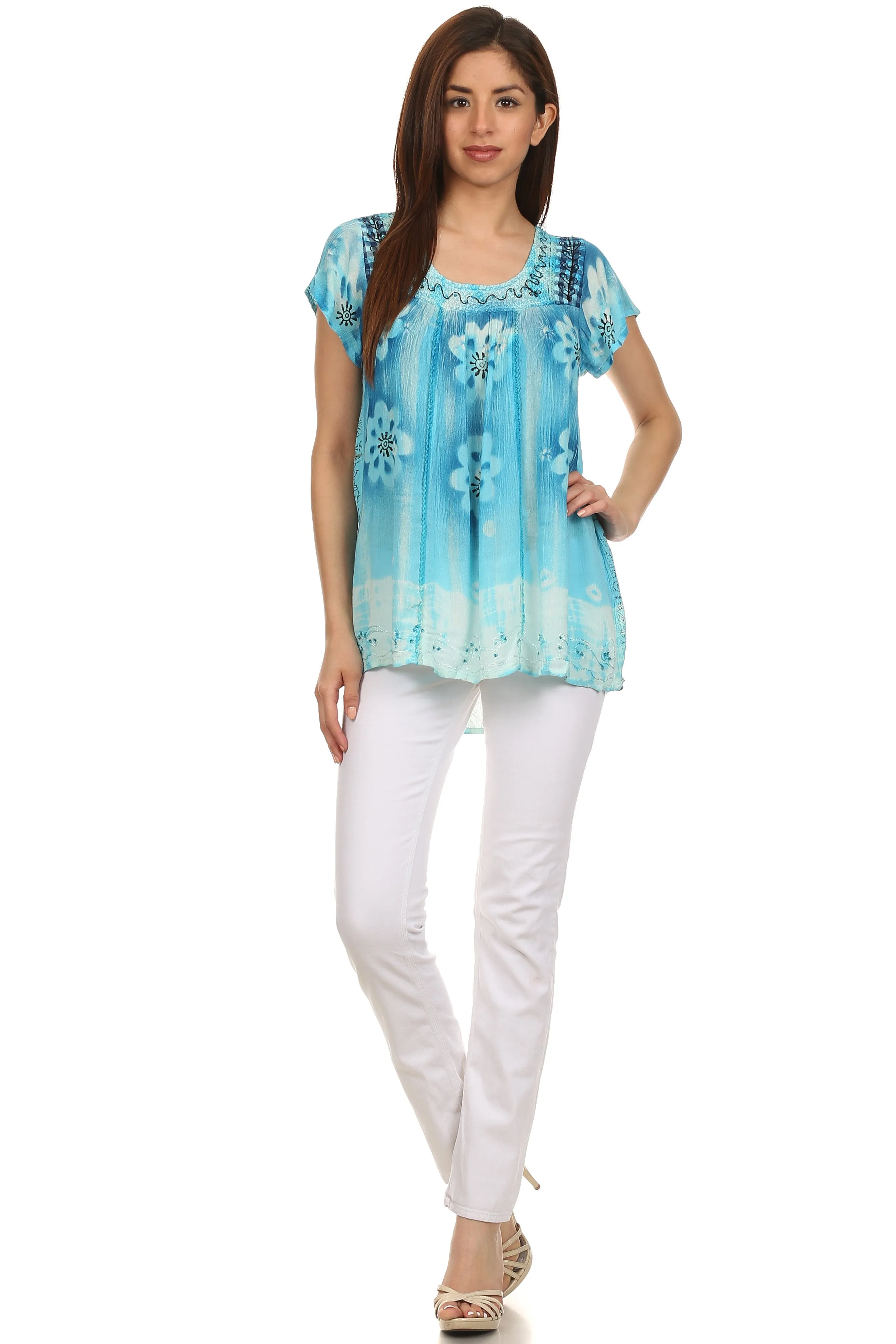 Sakkas Short Sleeve Tie Dye Gingham Peasant Top with Sequin Embroidery