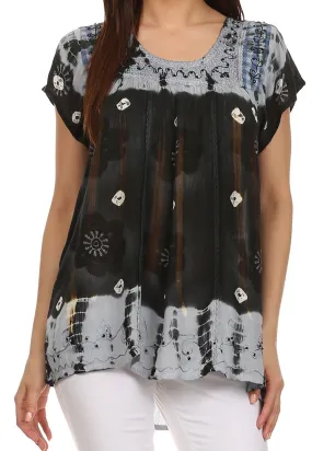 Sakkas Short Sleeve Tie Dye Gingham Peasant Top with Sequin Embroidery