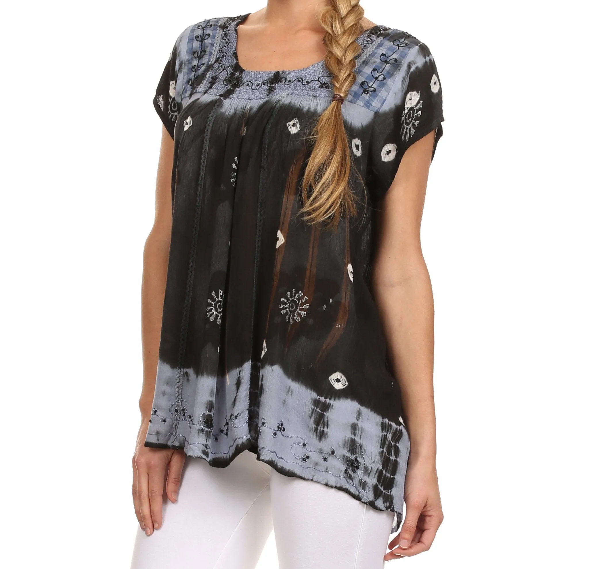 Sakkas Short Sleeve Tie Dye Gingham Peasant Top with Sequin Embroidery