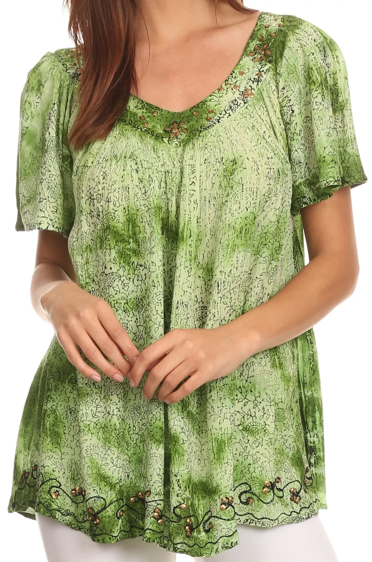 Sakkas Short Sleeve Vine Print V-neck Peasant Top with Beads and Embroidery