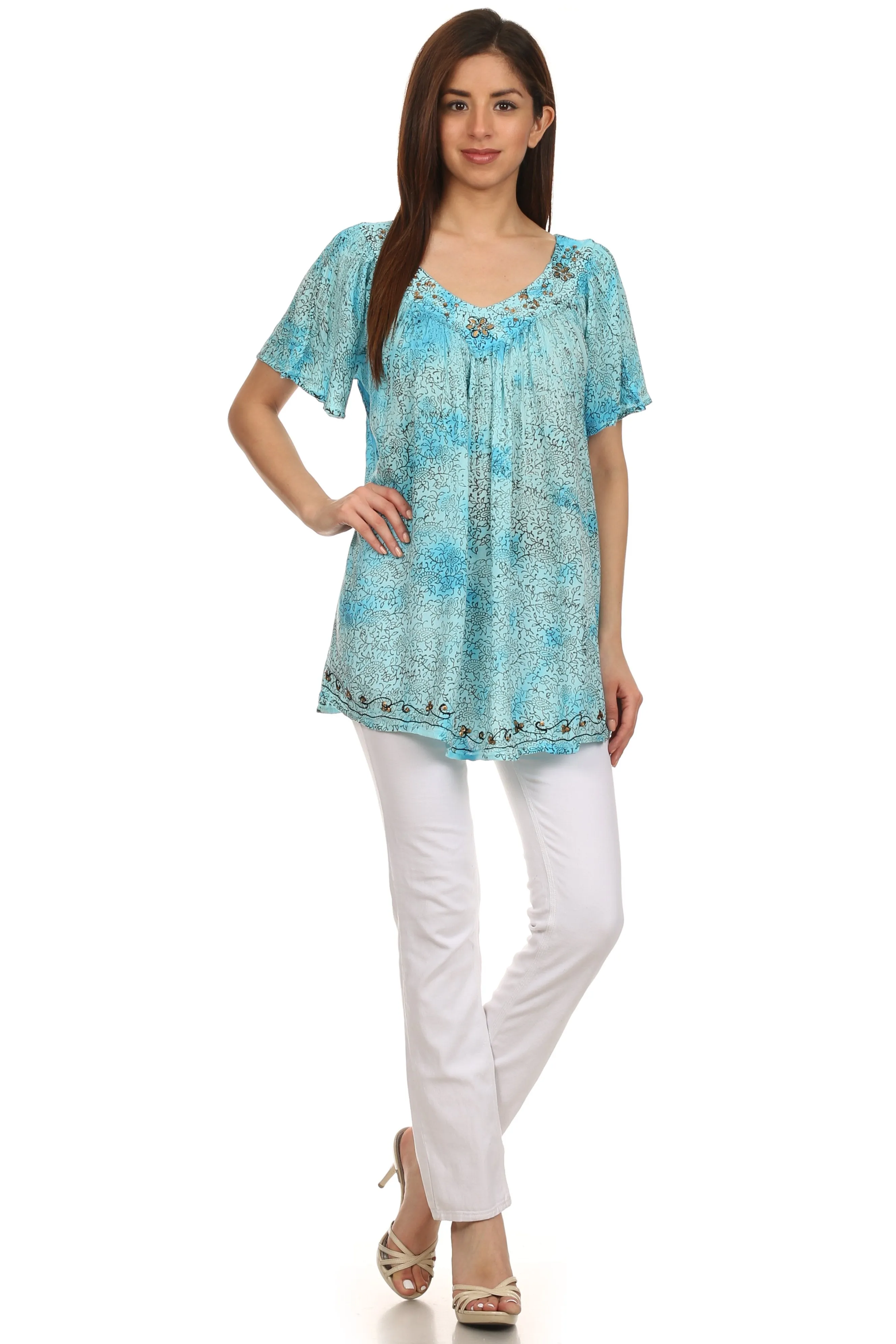 Sakkas Short Sleeve Vine Print V-neck Peasant Top with Beads and Embroidery