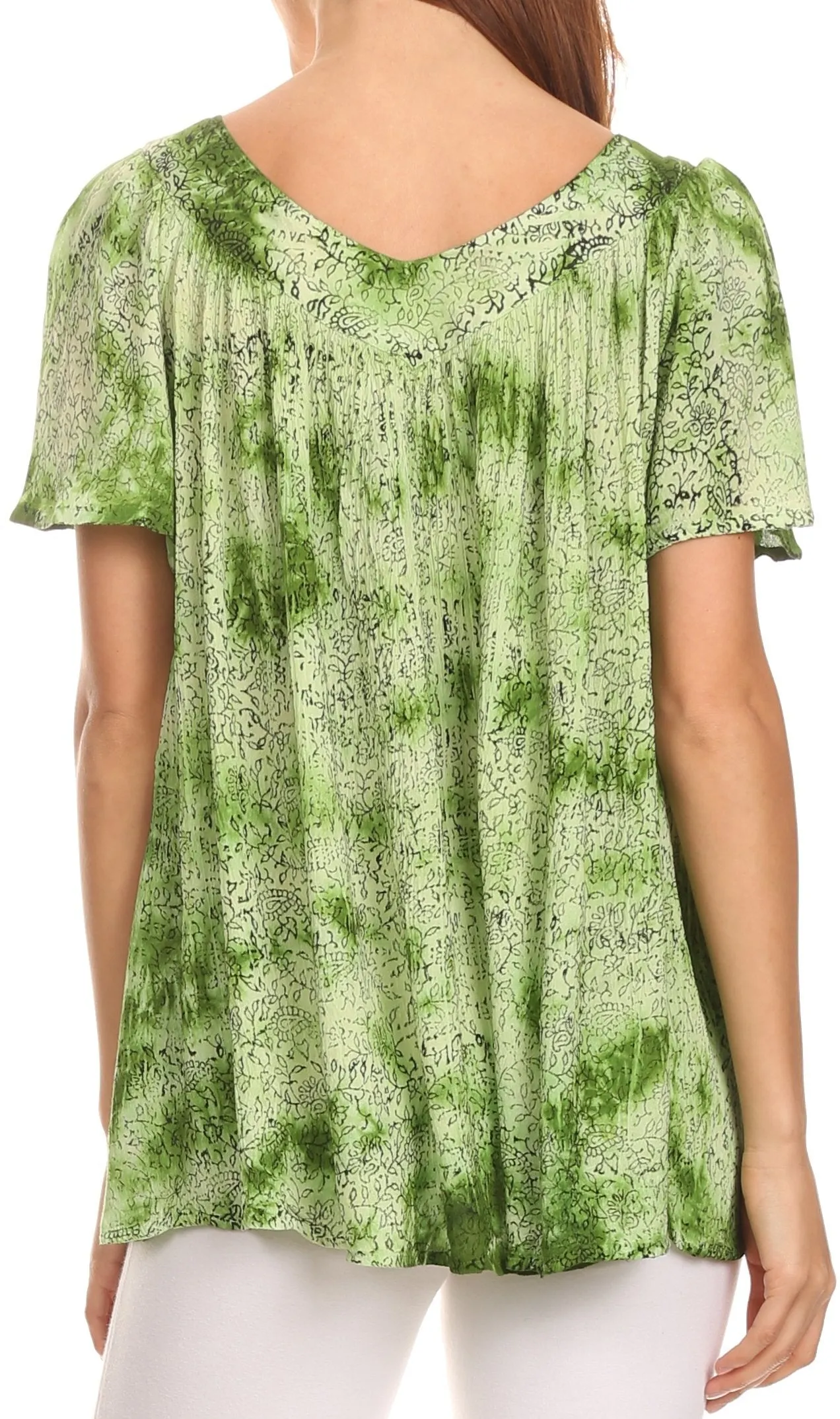 Sakkas Short Sleeve Vine Print V-neck Peasant Top with Beads and Embroidery