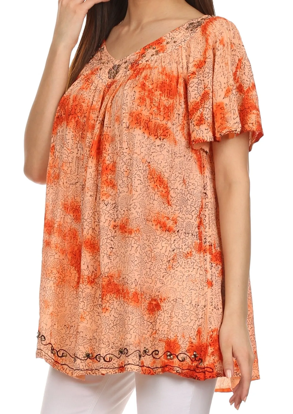 Sakkas Short Sleeve Vine Print V-neck Peasant Top with Beads and Embroidery