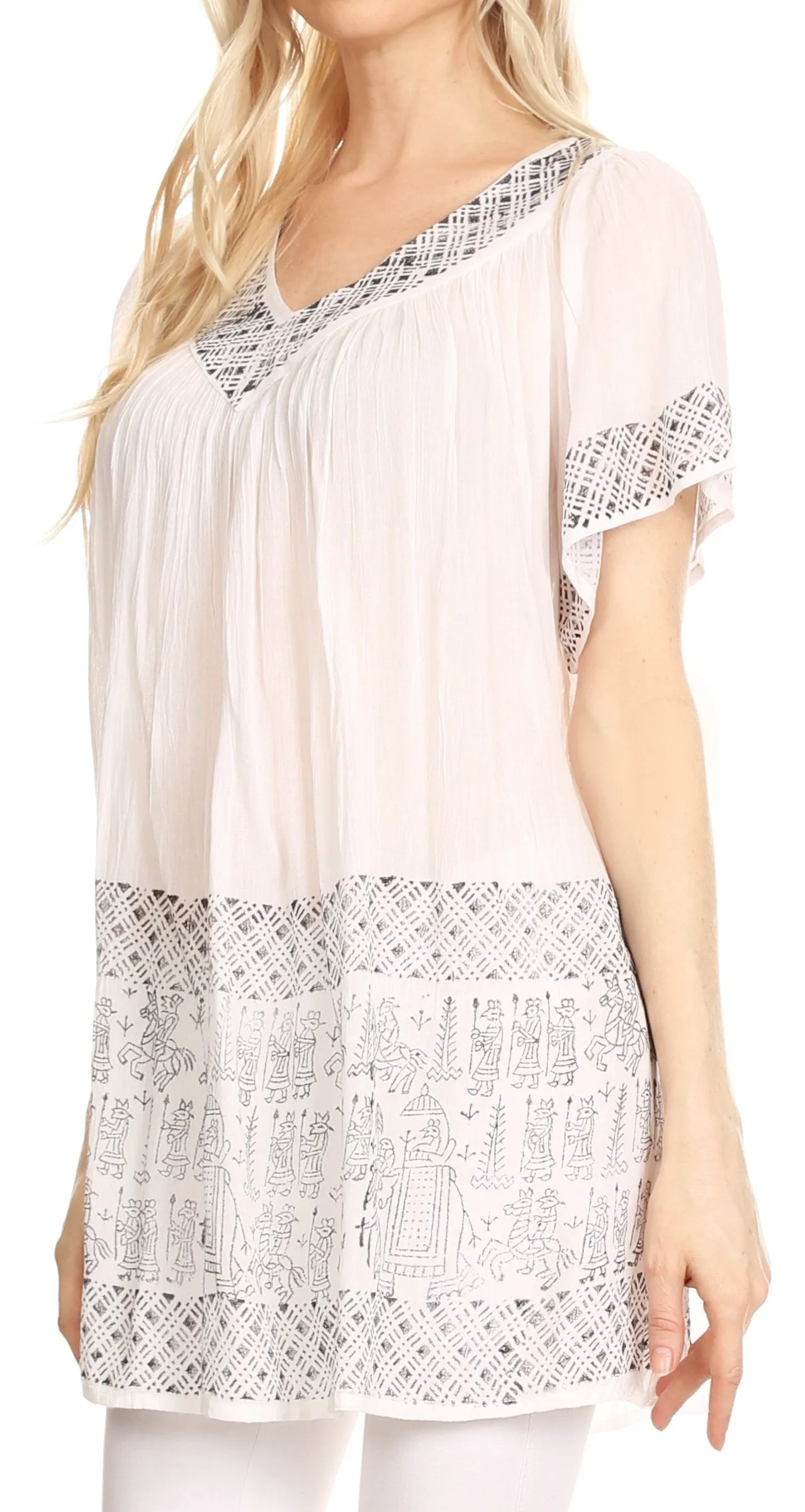 Sakkas Valeria V-neck Crinkle Short Sleeve Top Blouse with Print