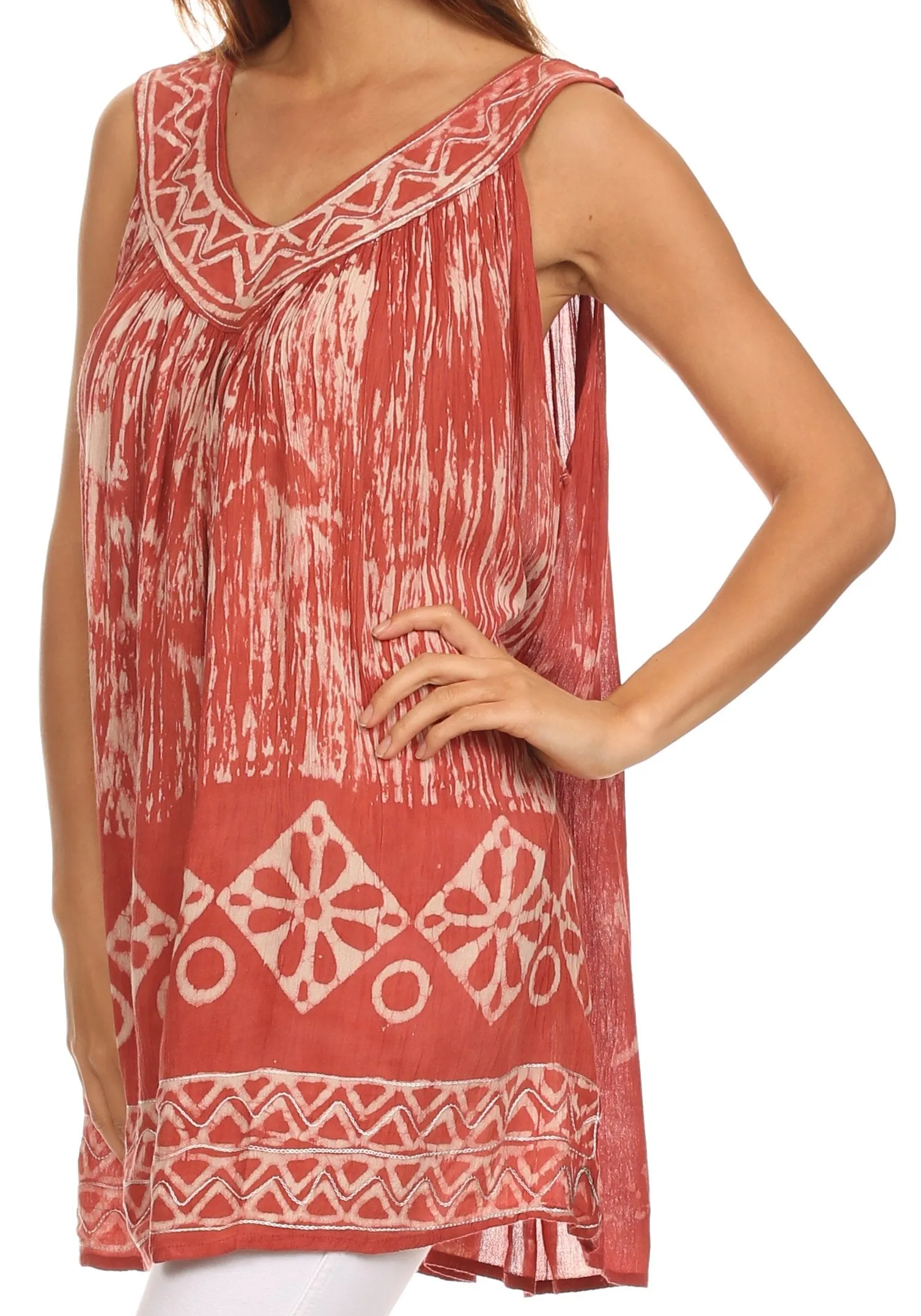 Sakkas Wanda May Embroidered Batik Scoop Neck Relaxed Fit Sleeveless Blouse