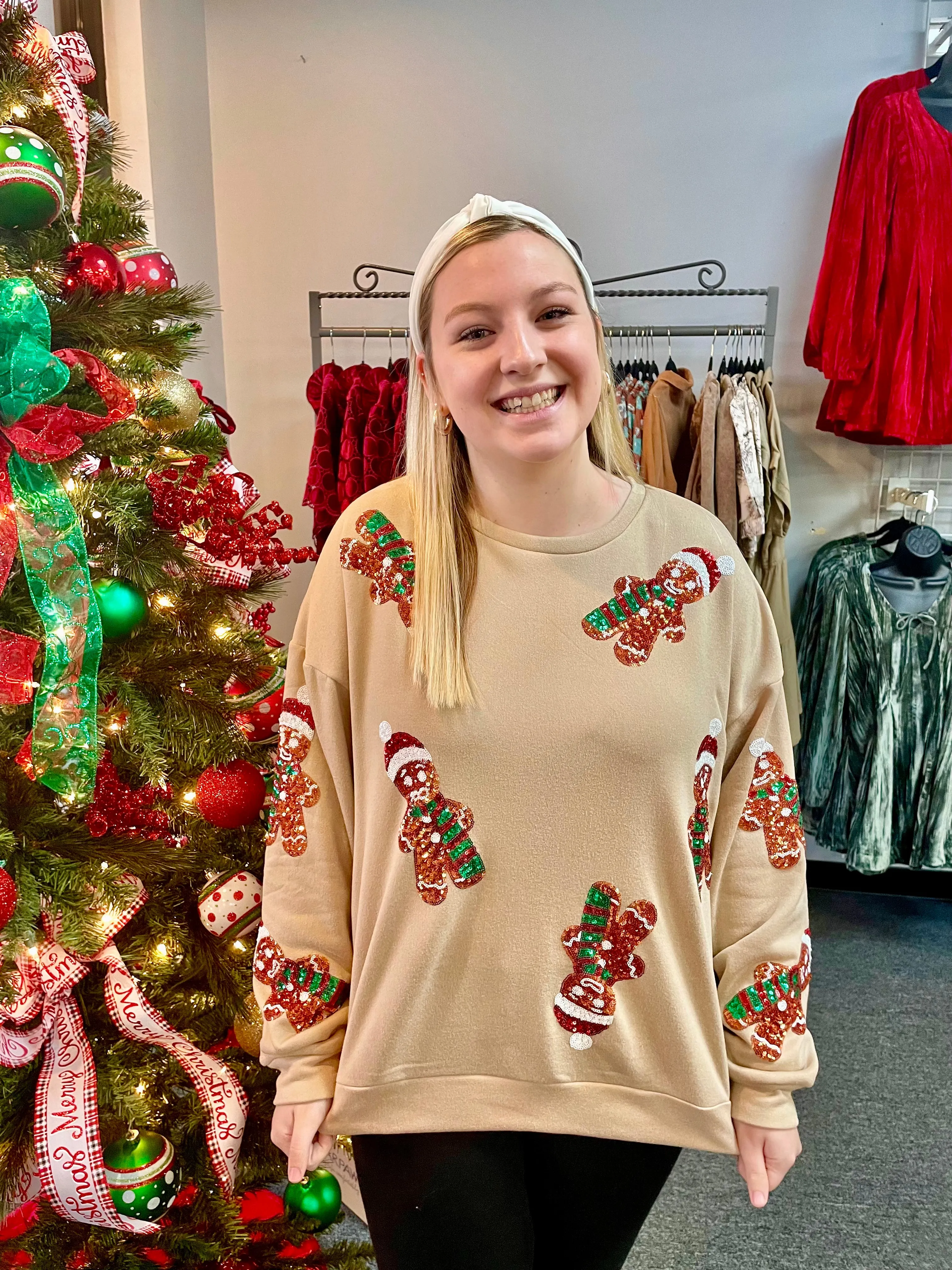 Sequin Gingerbread Fleece Pullover