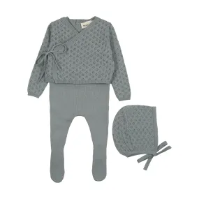 set knit jumper footie with cardigan and bonnet - dove