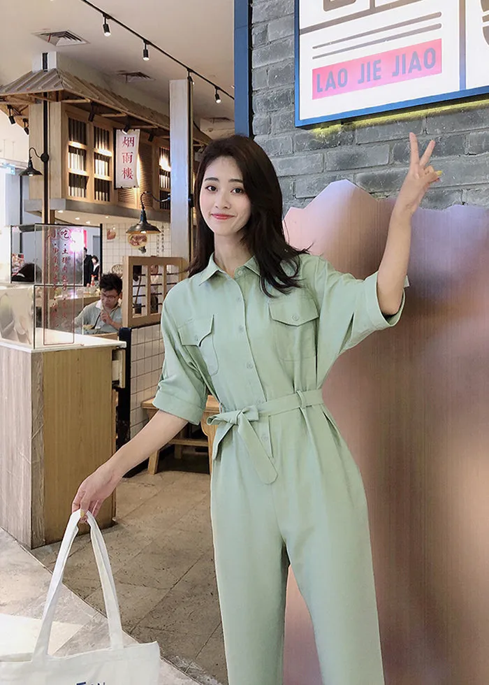 Short Sleeve Belted Jumpsuit