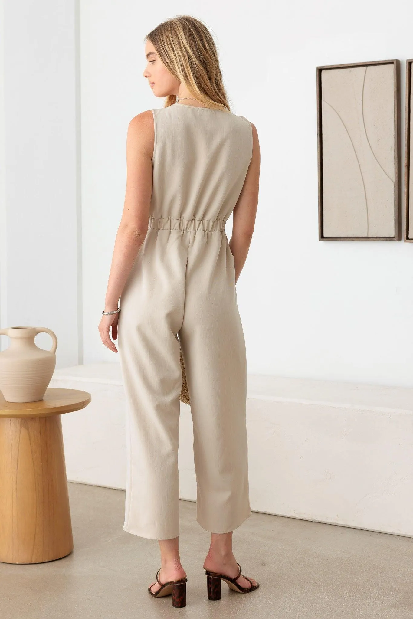 Sleeveless Front Zipper Wide Leg Jumpsuit