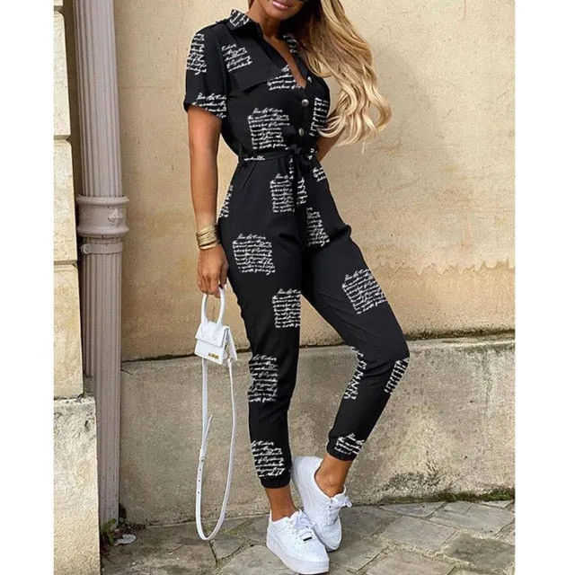 Solid Color Summer Casual Lapel Printed Belt Jumpsuit