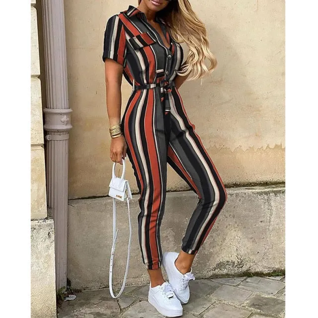 Solid Color Summer Casual Lapel Printed Belt Jumpsuit