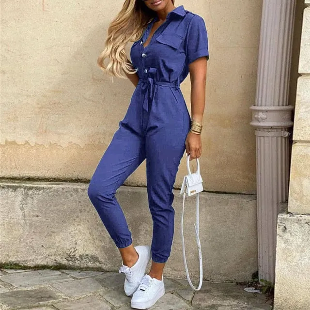 Solid Color Summer Casual Lapel Printed Belt Jumpsuit