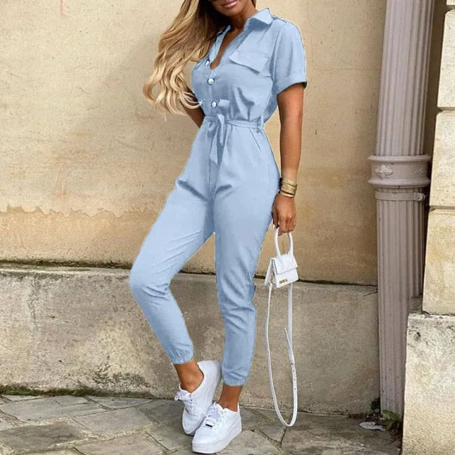 Solid Color Summer Casual Lapel Printed Belt Jumpsuit