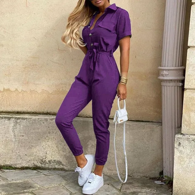 Solid Color Summer Casual Lapel Printed Belt Jumpsuit