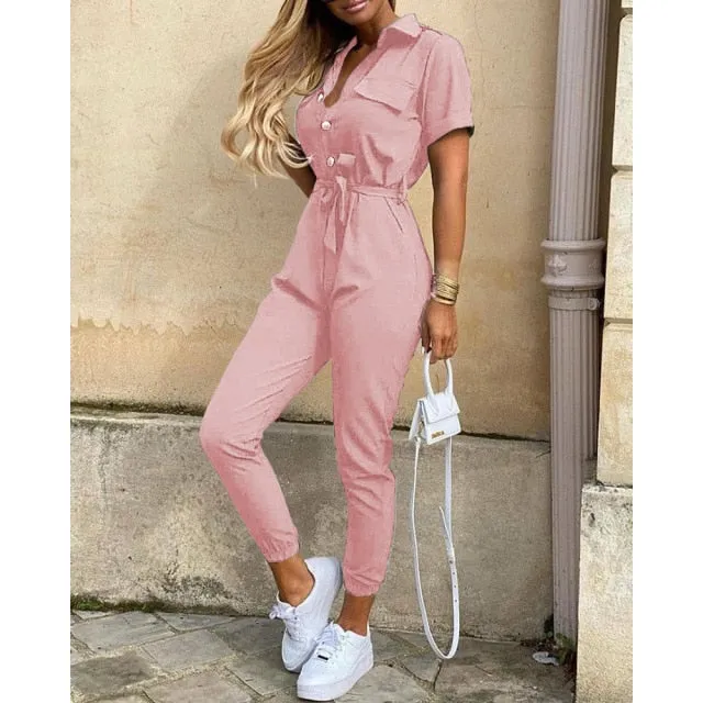 Solid Color Summer Casual Lapel Printed Belt Jumpsuit