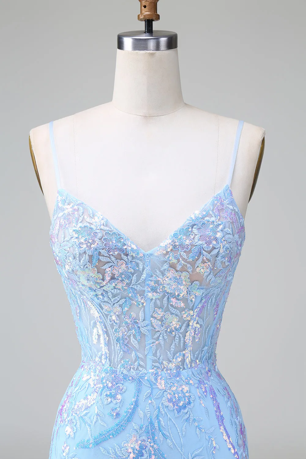 Sparkly Blue Bodycon Spaghetti Straps Corset Short Homecoming Dress with Sequins