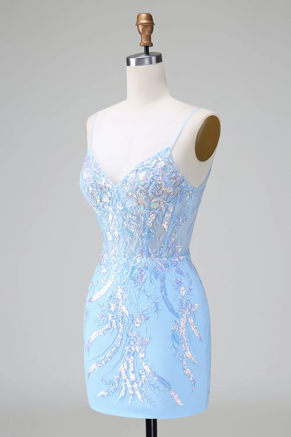 Sparkly Blue Bodycon Spaghetti Straps Corset Short Homecoming Dress with Sequins