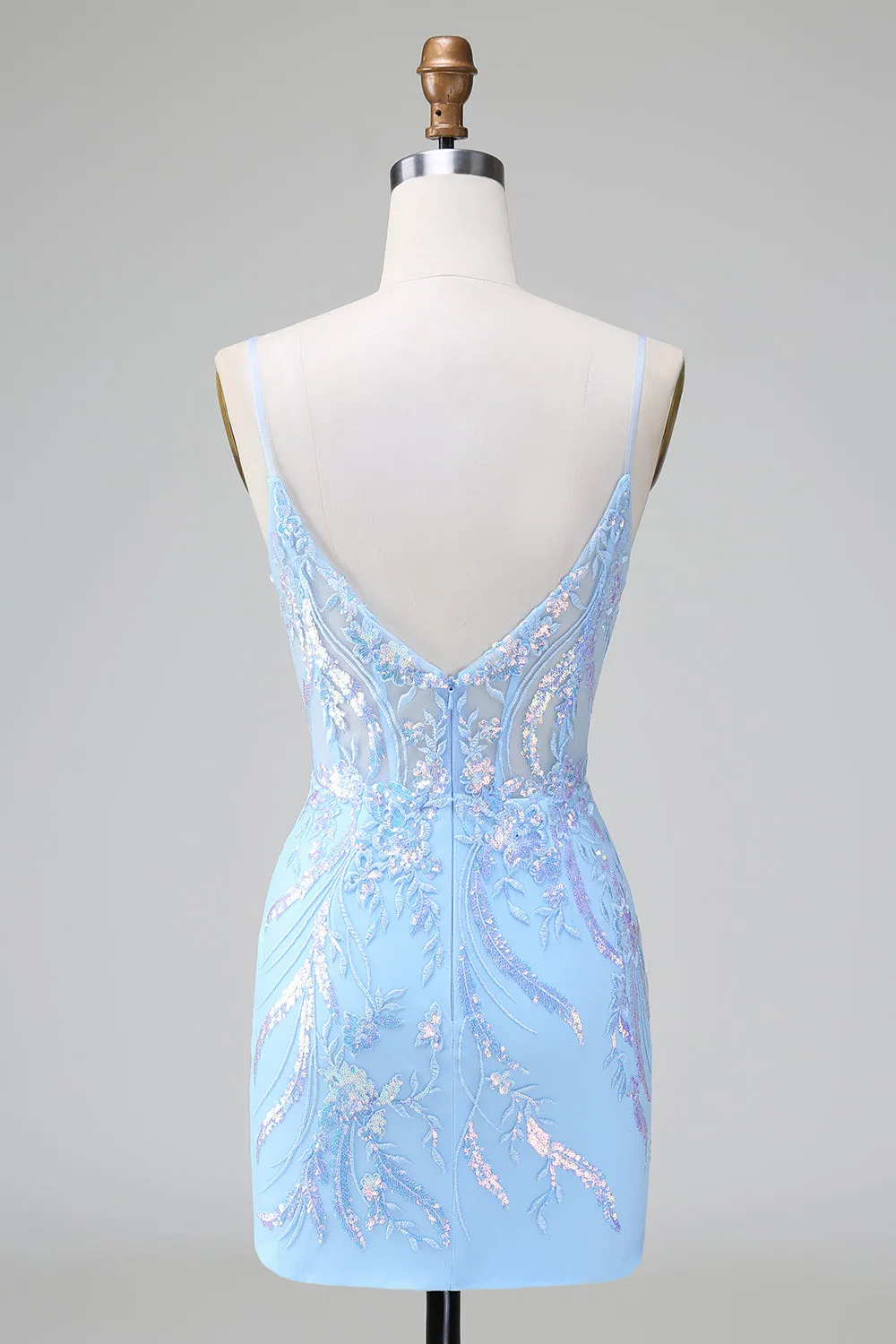 Sparkly Blue Bodycon Spaghetti Straps Corset Short Homecoming Dress with Sequins